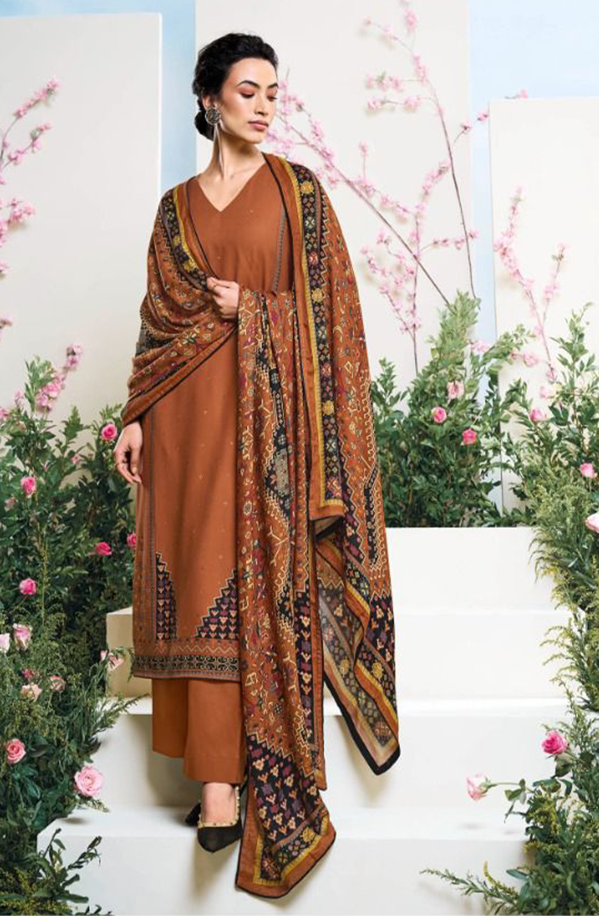 Rust Allover Printed Pashmina Suit Set - YASC2122