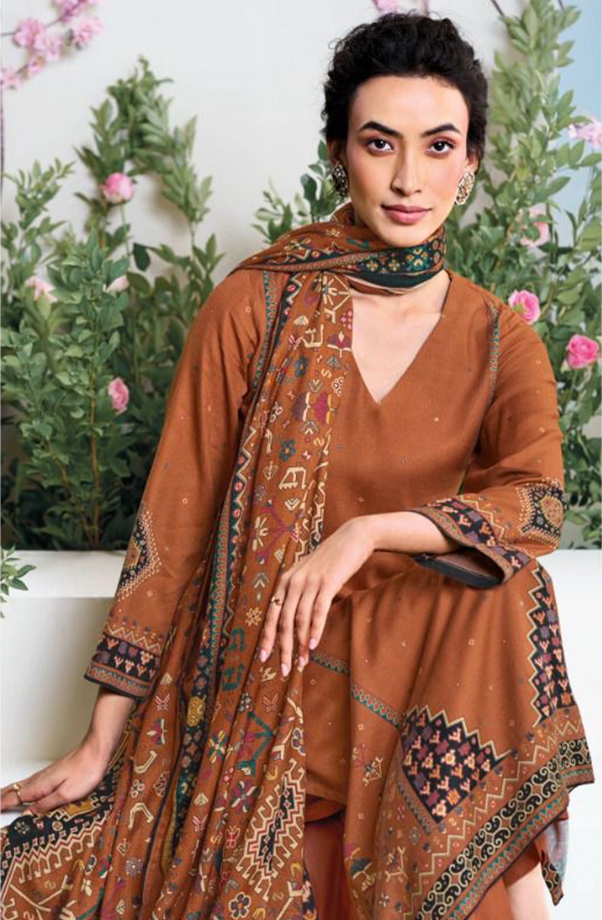 Rust Allover Printed Pashmina Suit Set - YASC2122