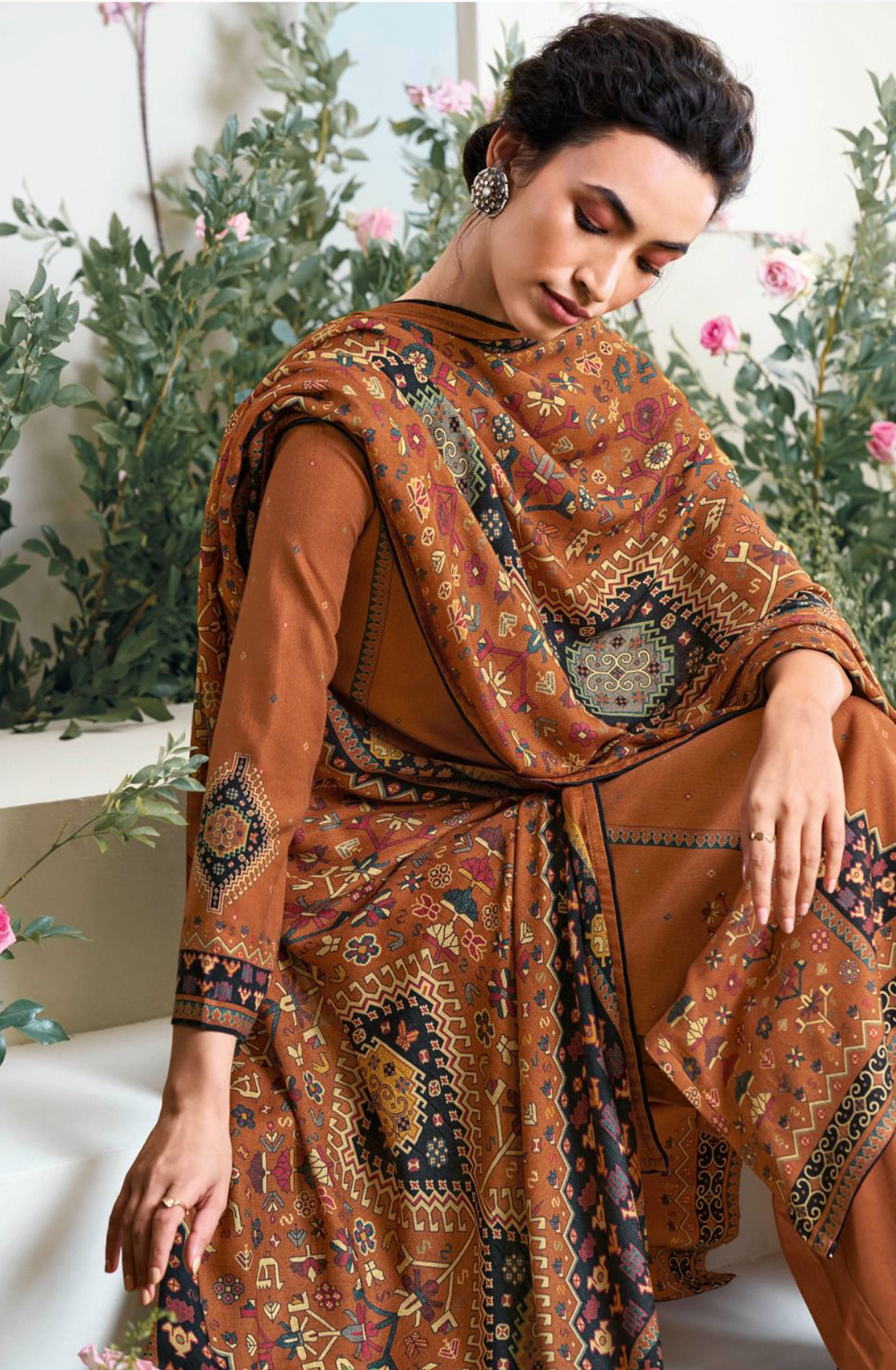 Rust Allover Printed Pashmina Suit Set - YASC2122