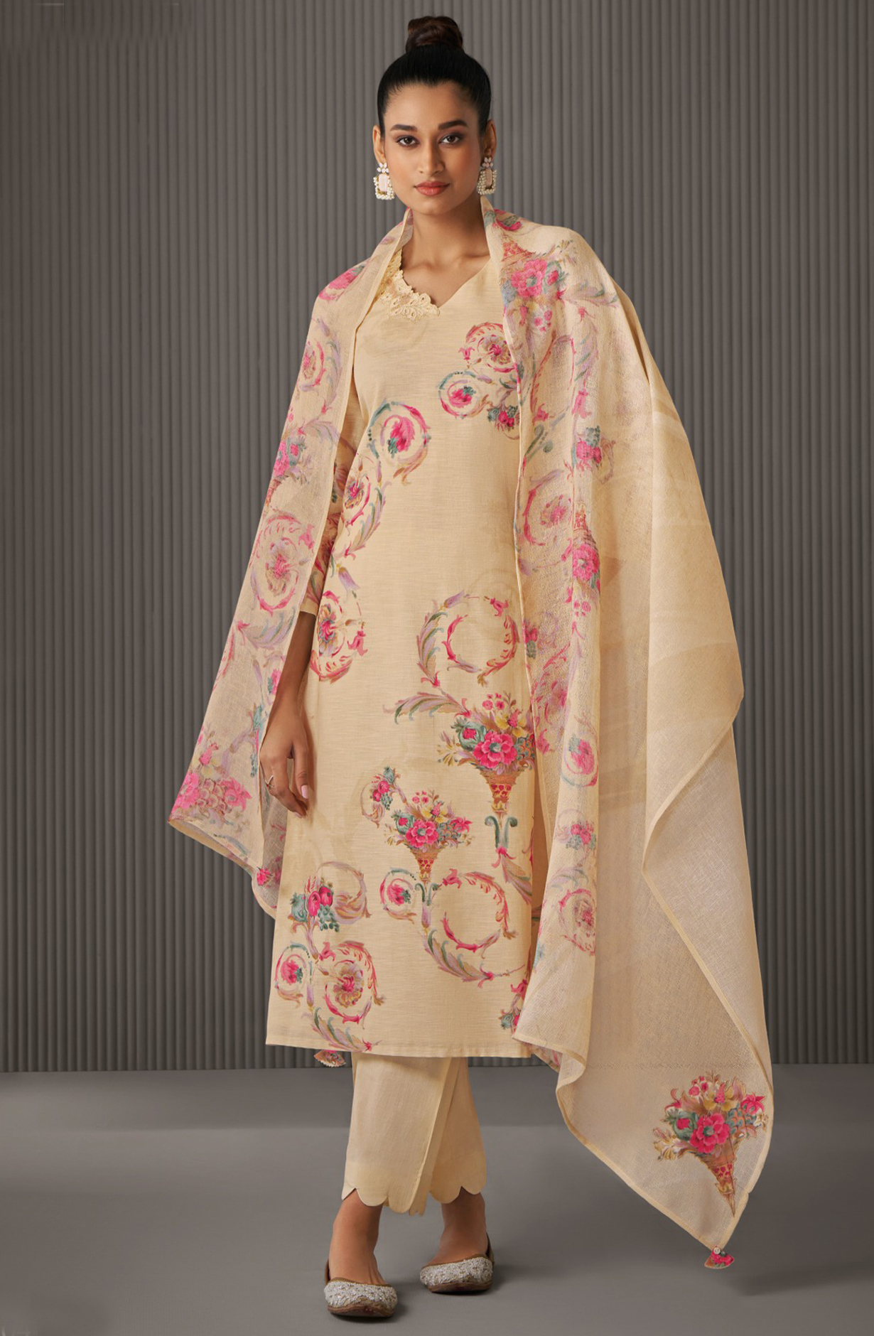 Beige Linen Printed Suit with Beautiful Dupatta - YUM7111A