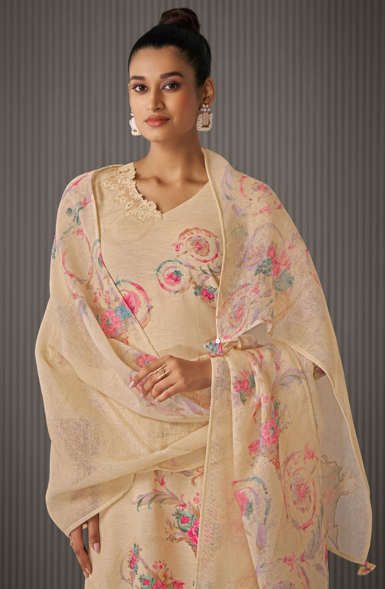 Beige Linen Printed Suit with Beautiful Dupatta - YUM7111A