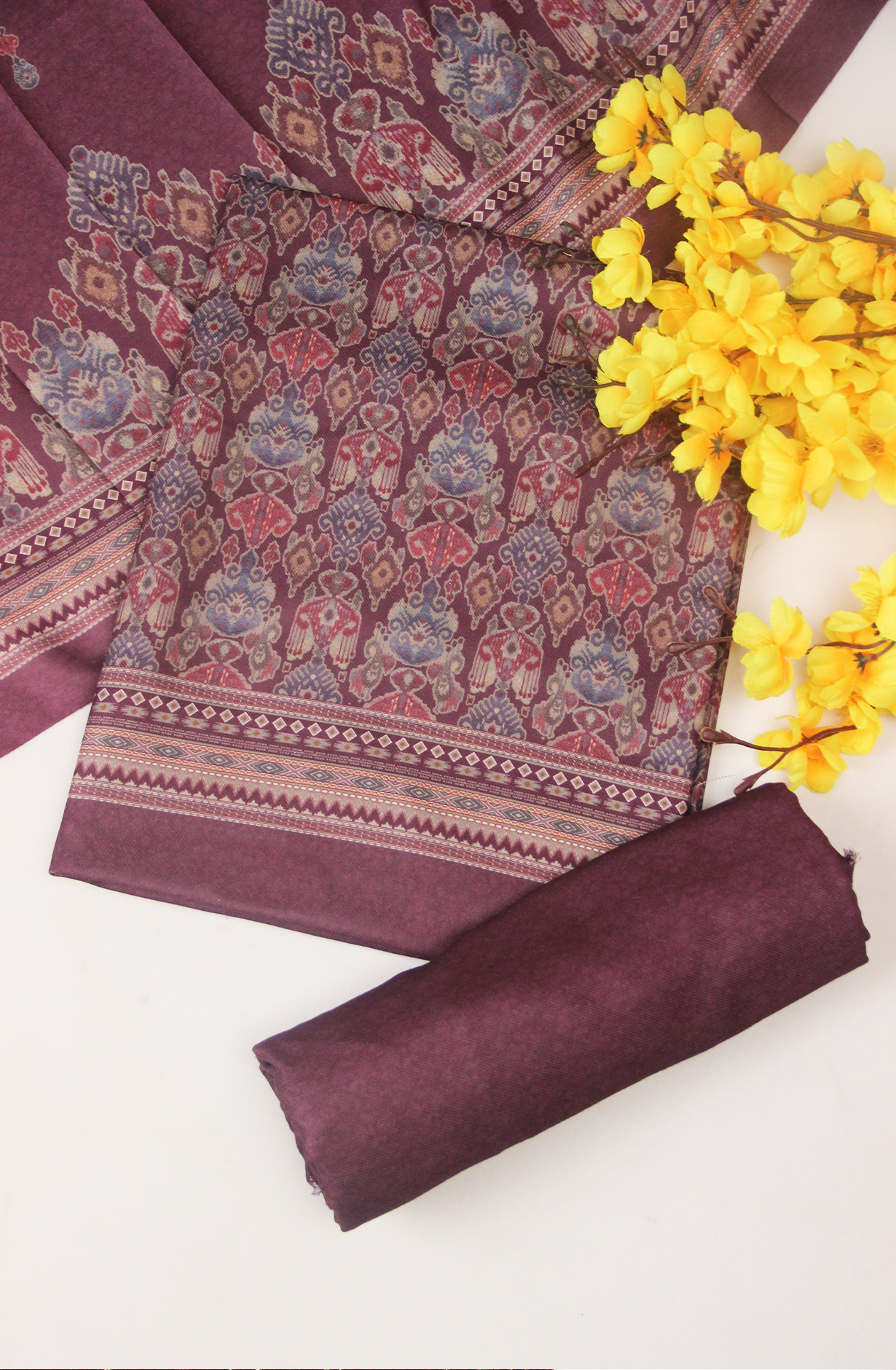 Wine Spun All Over Printed Suit Set wit Shawl - ZAA1586C