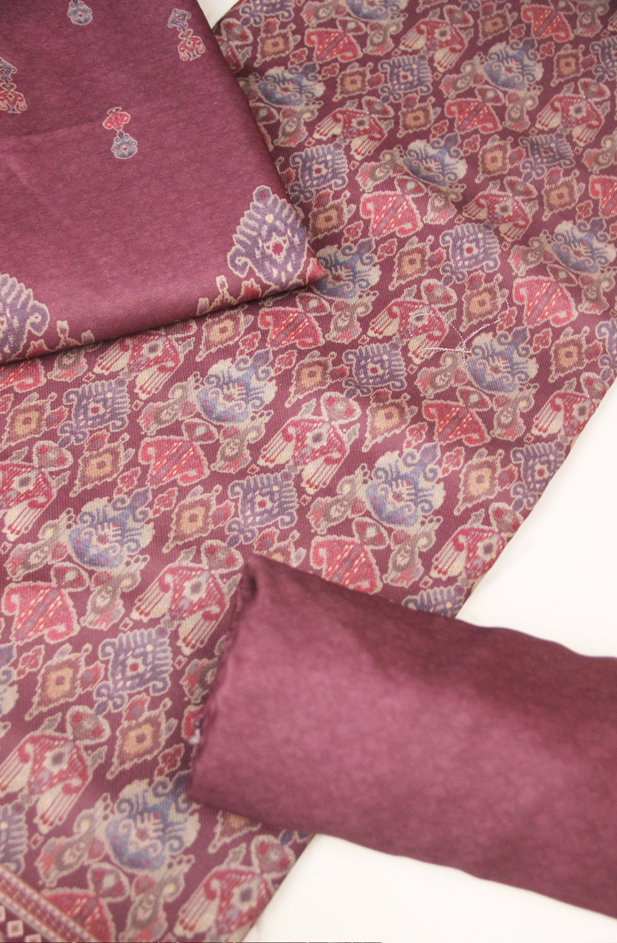 Wine Spun All Over Printed Suit Set wit  Shawl - ZAA1586C