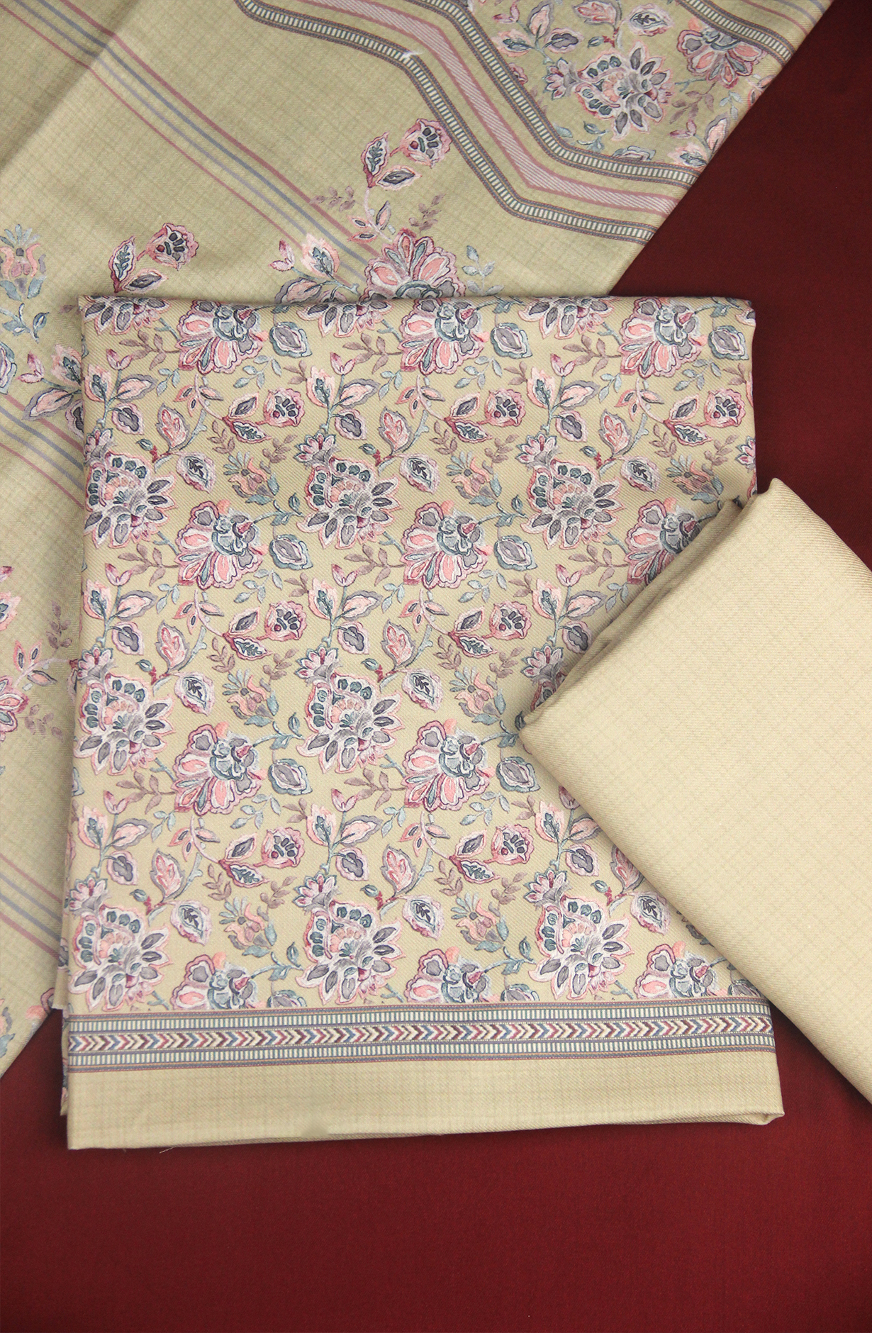 Green Spun All Over Printed Suit Set with Shawl - ZAA1602D