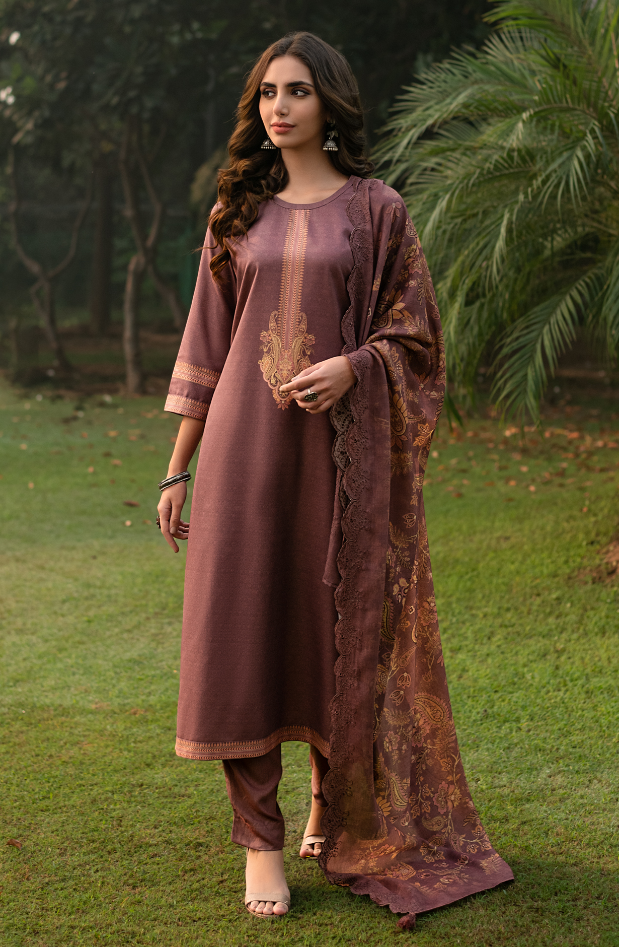 Chocolate Brown Winter Pashmina Unstitched Salwar Suit - ZAF1610B