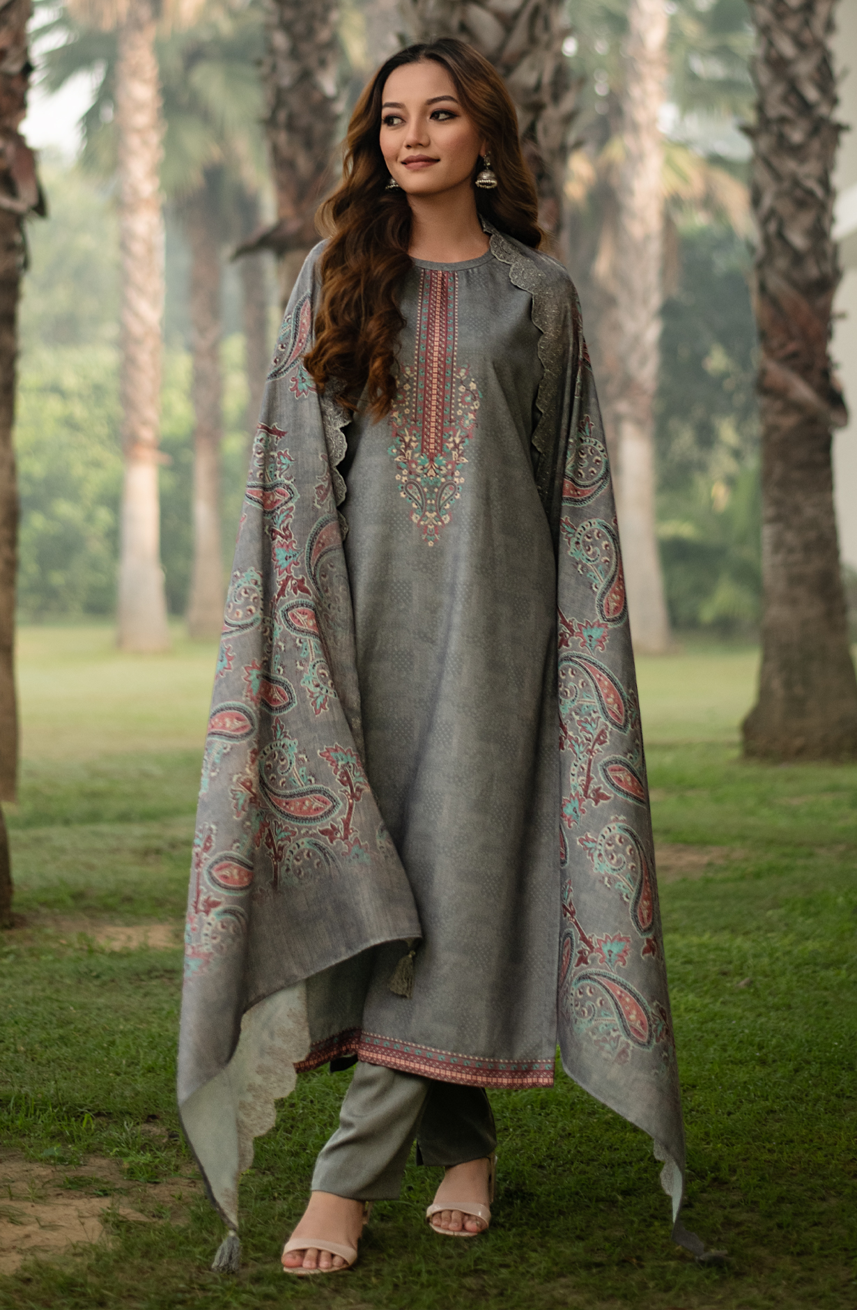 Grey Winter Pashmina Unstitched Salwar Suit - ZAF1611A