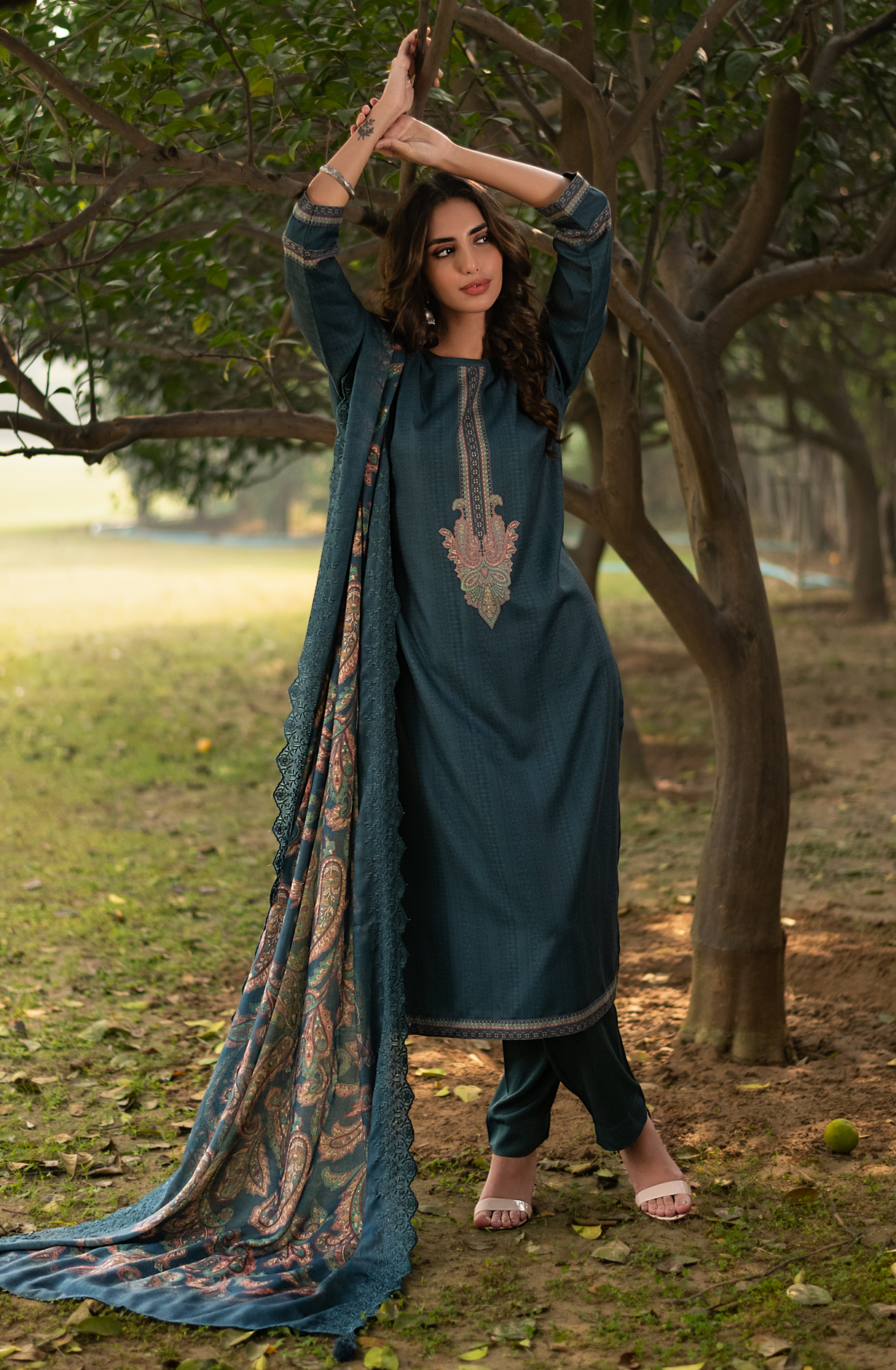 Teal Winter Pashmina Unstitched Salwar Suit - ZAF1612B
