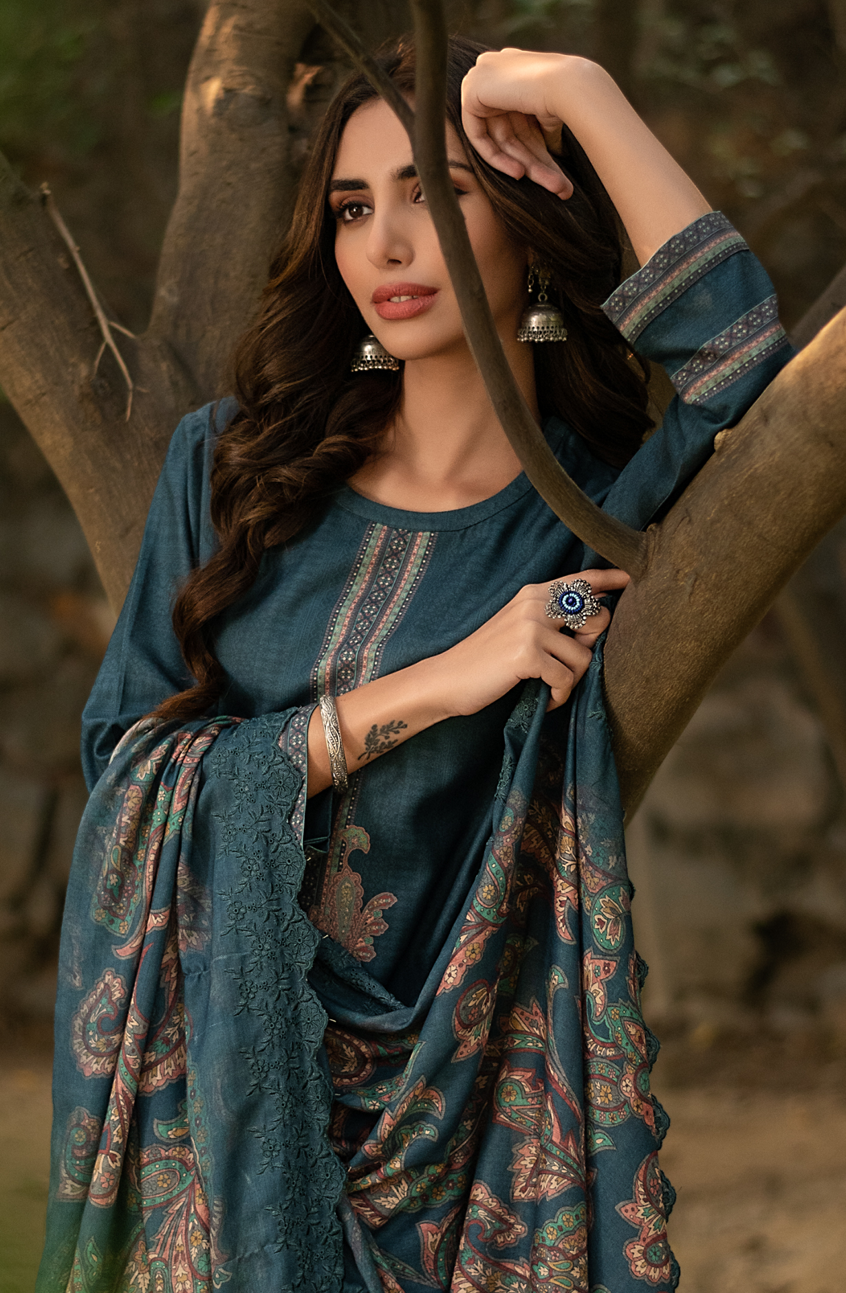 Teal Winter Pashmina Unstitched Salwar Suit - ZAF1612B