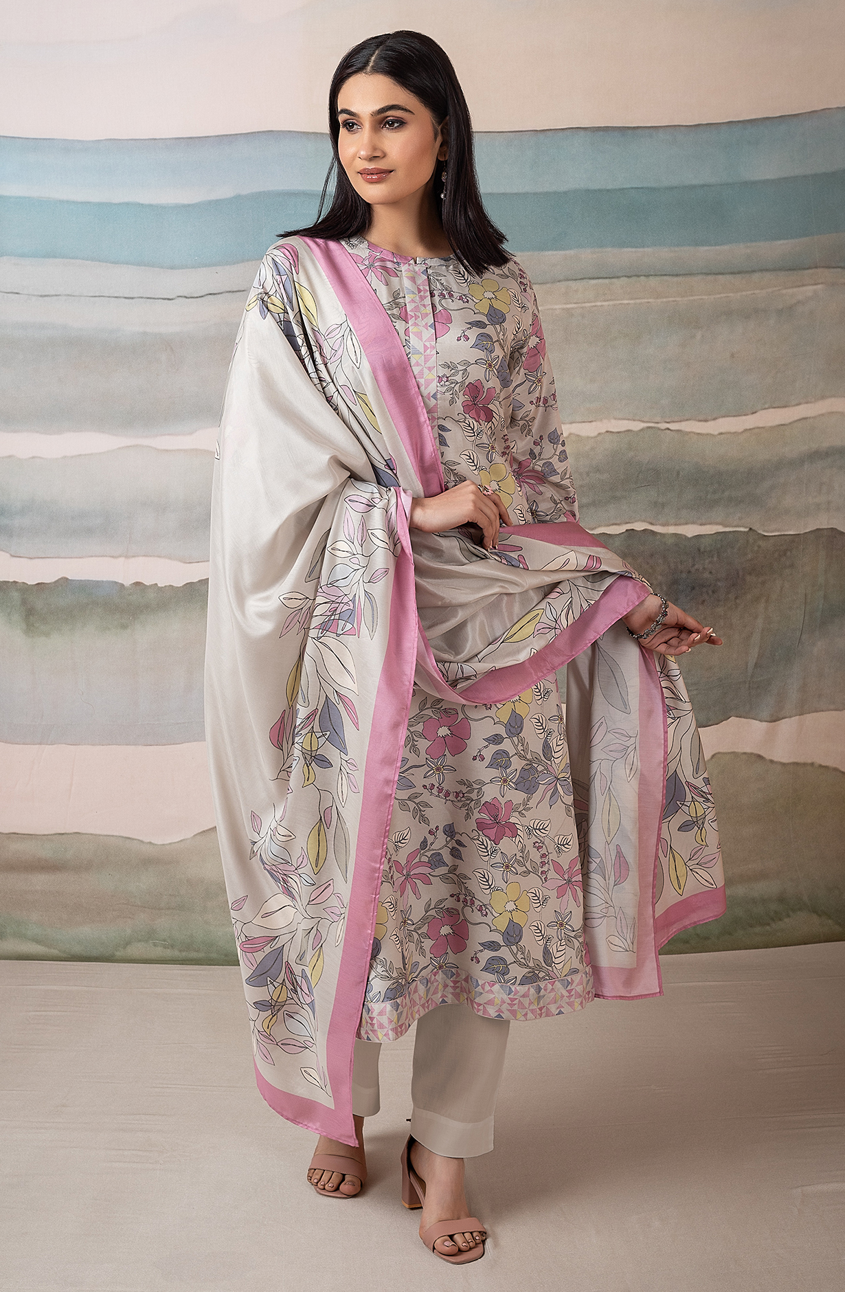 Grey and Multi Beautiful Muslin Unstitched Salwar Kameez Dupatta - ZAN2228