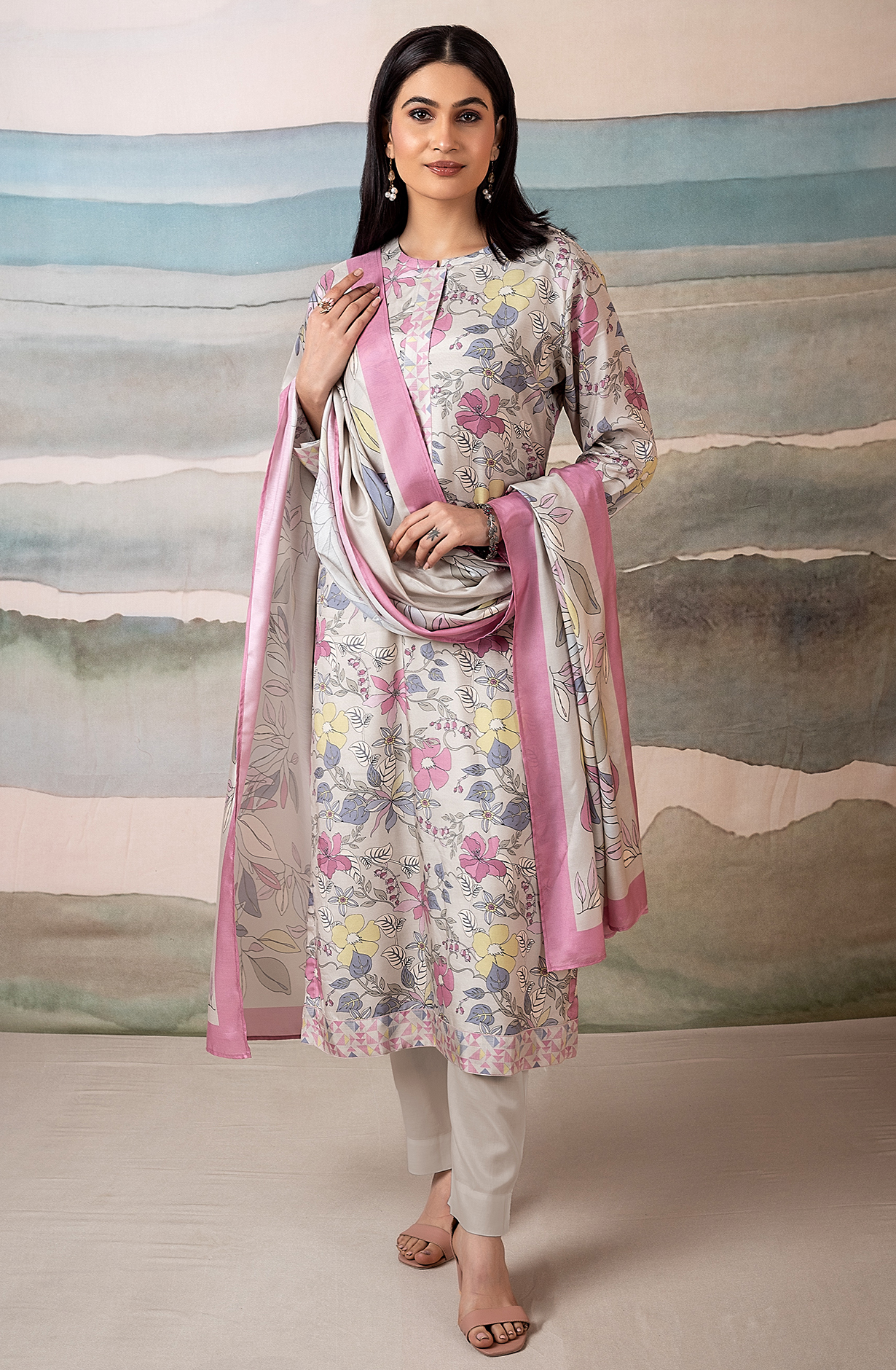 Grey and Multi Beautiful Muslin Unstitched Salwar Kameez Dupatta - ZAN2228