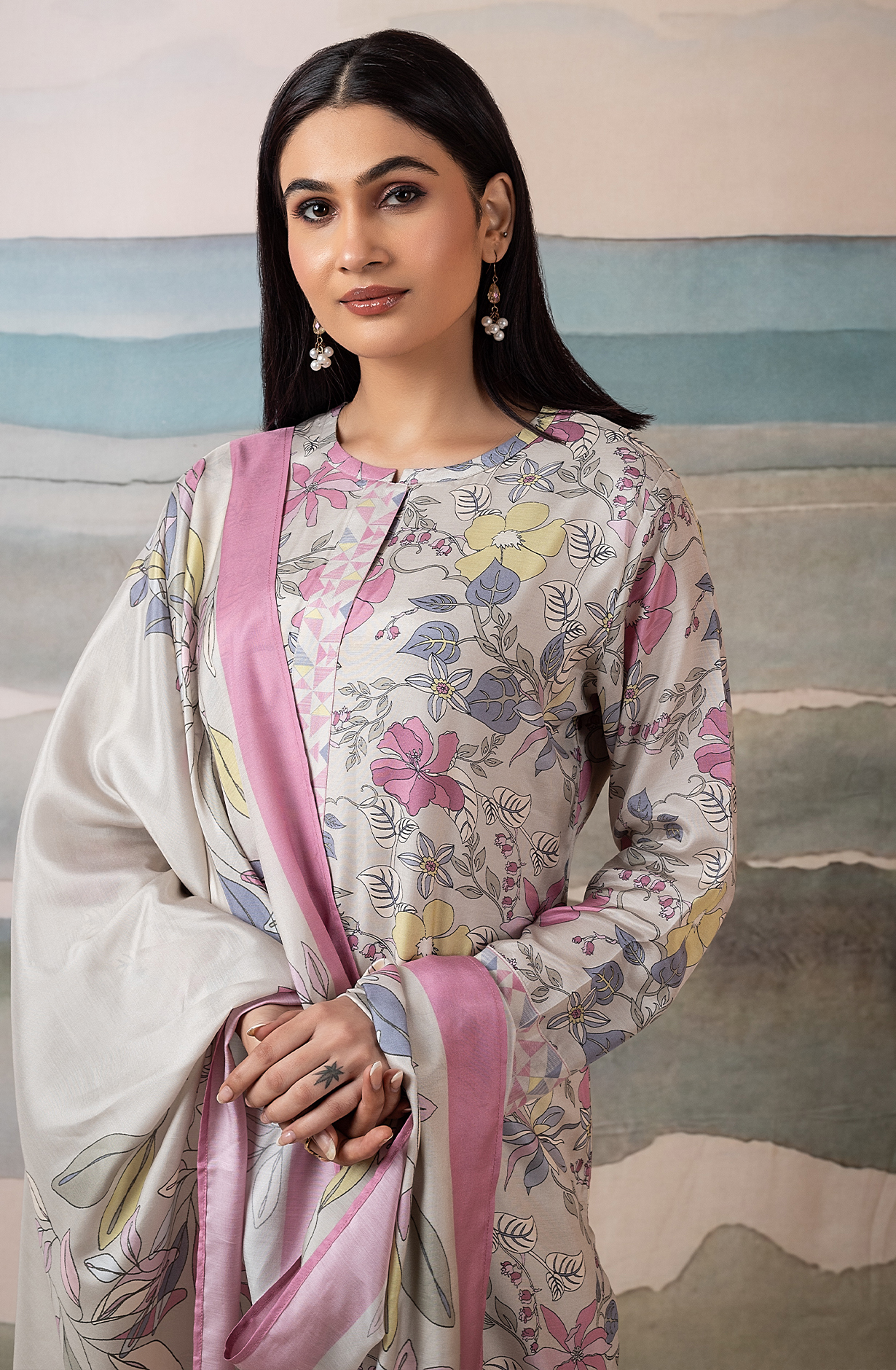 Grey and Multi Beautiful Muslin Unstitched Salwar Kameez Dupatta - ZAN2228