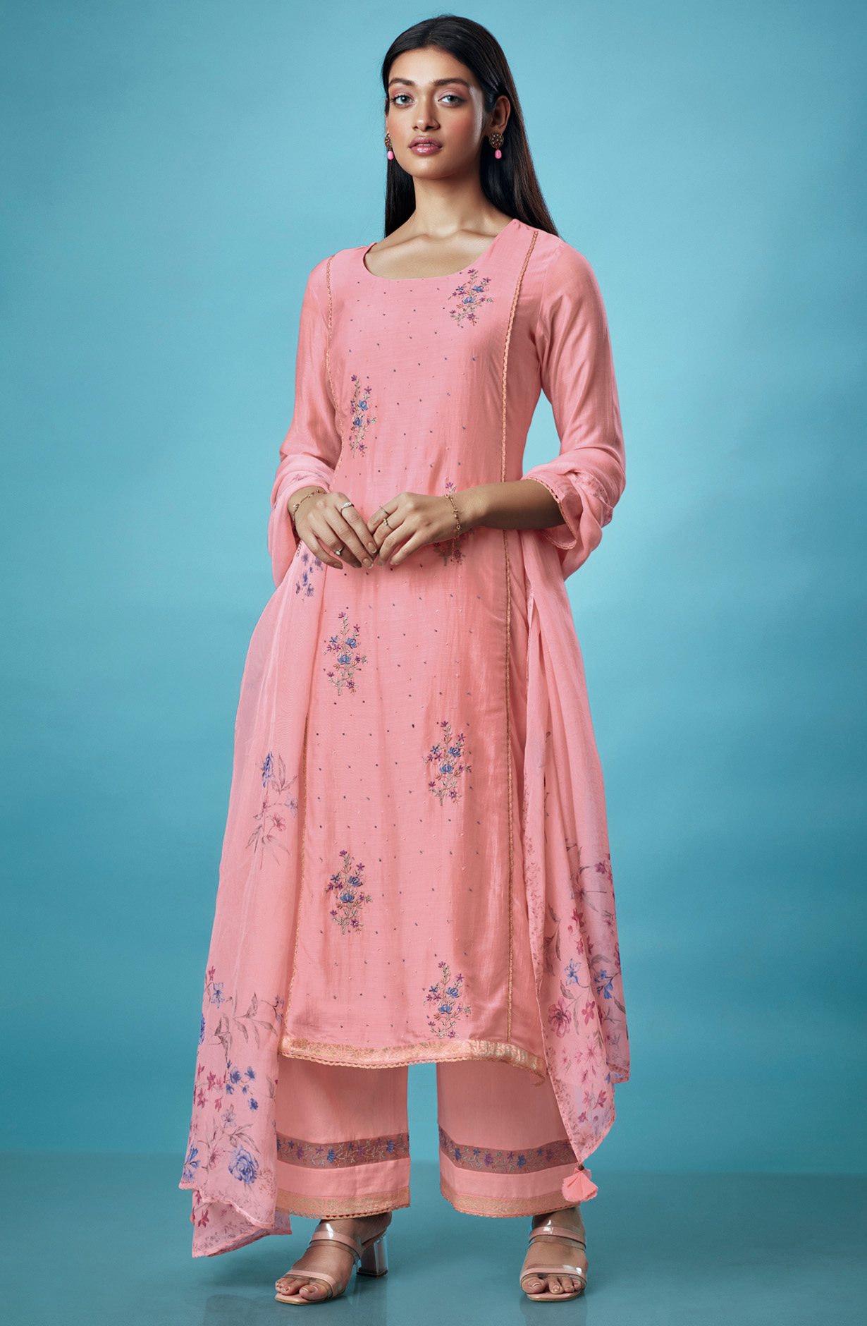Pink Designer Muslin Silk Salwar Kameez with Organza Dupatta - ZANS1331A