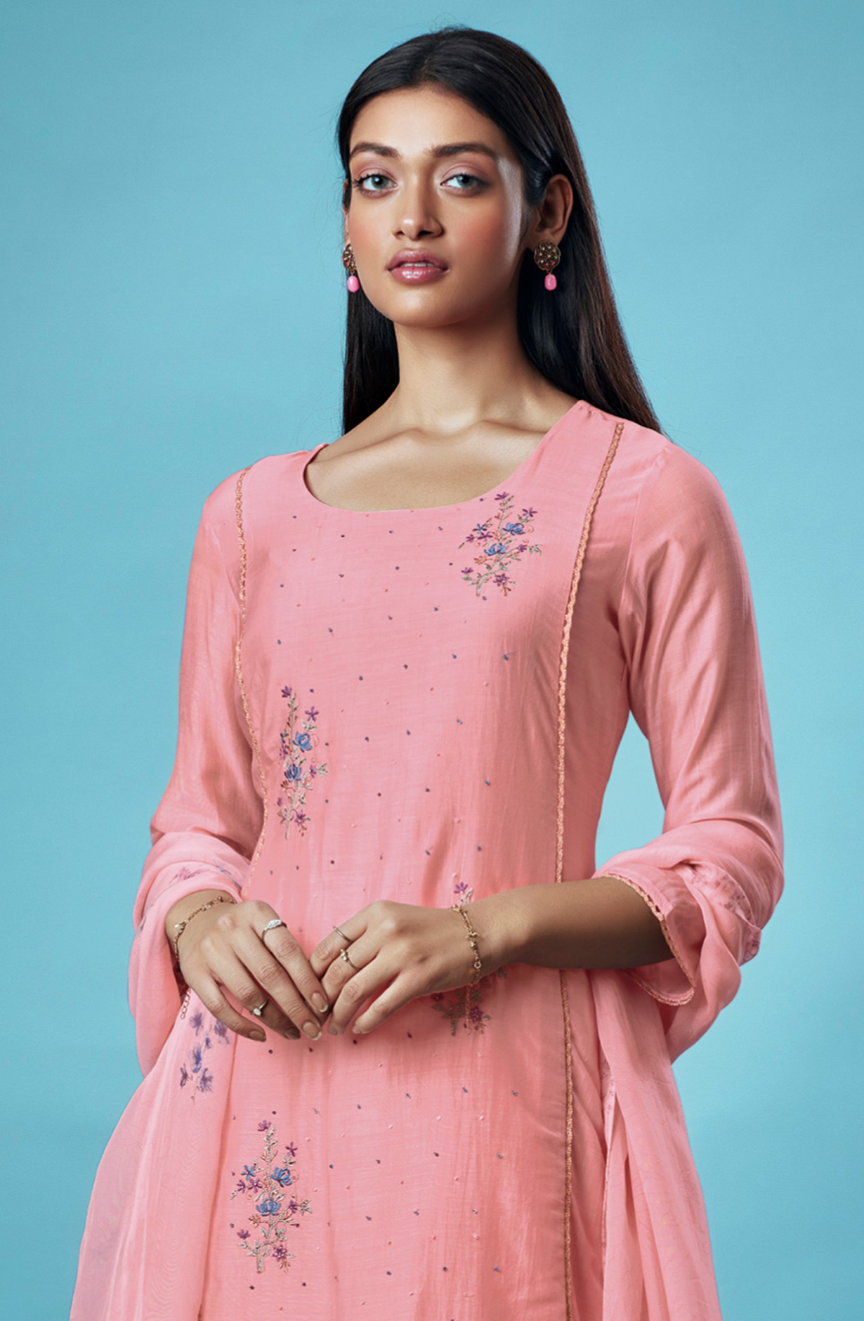 Pink Designer Muslin Silk Salwar Kameez with Organza Dupatta - ZANS1331A