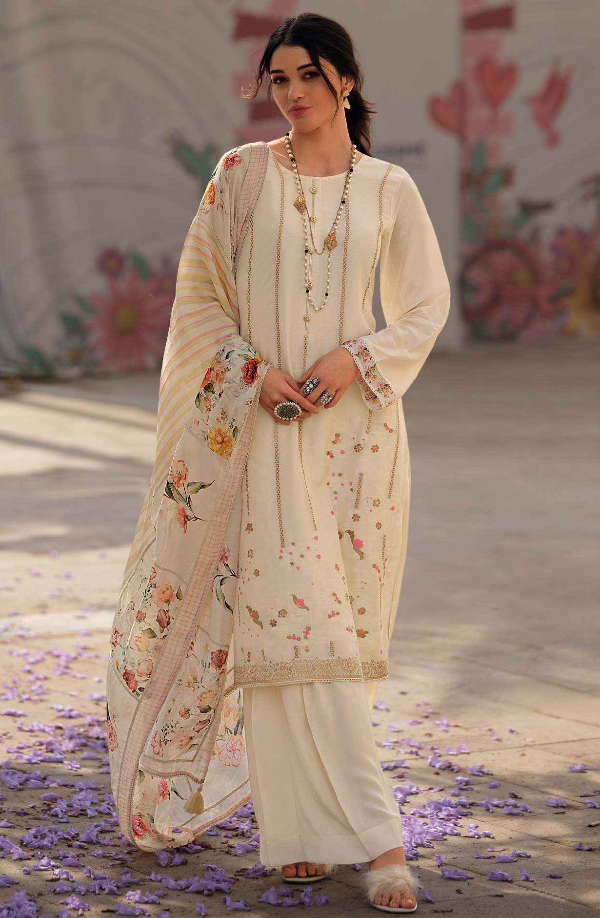 Cream Festive Special Silk Salwar Kameez - ZAR01