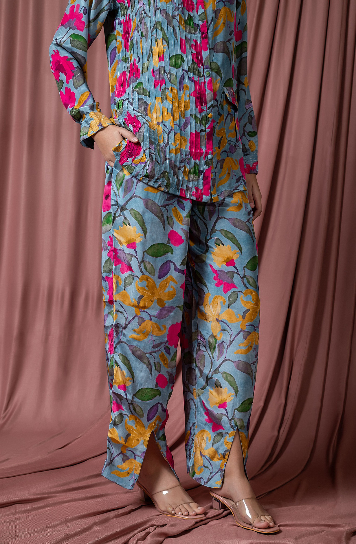 ZARI SPLASH Crepe Women Printed Co-ords Set with Zari Work - ZARNCDS044 - Available Size L XXL