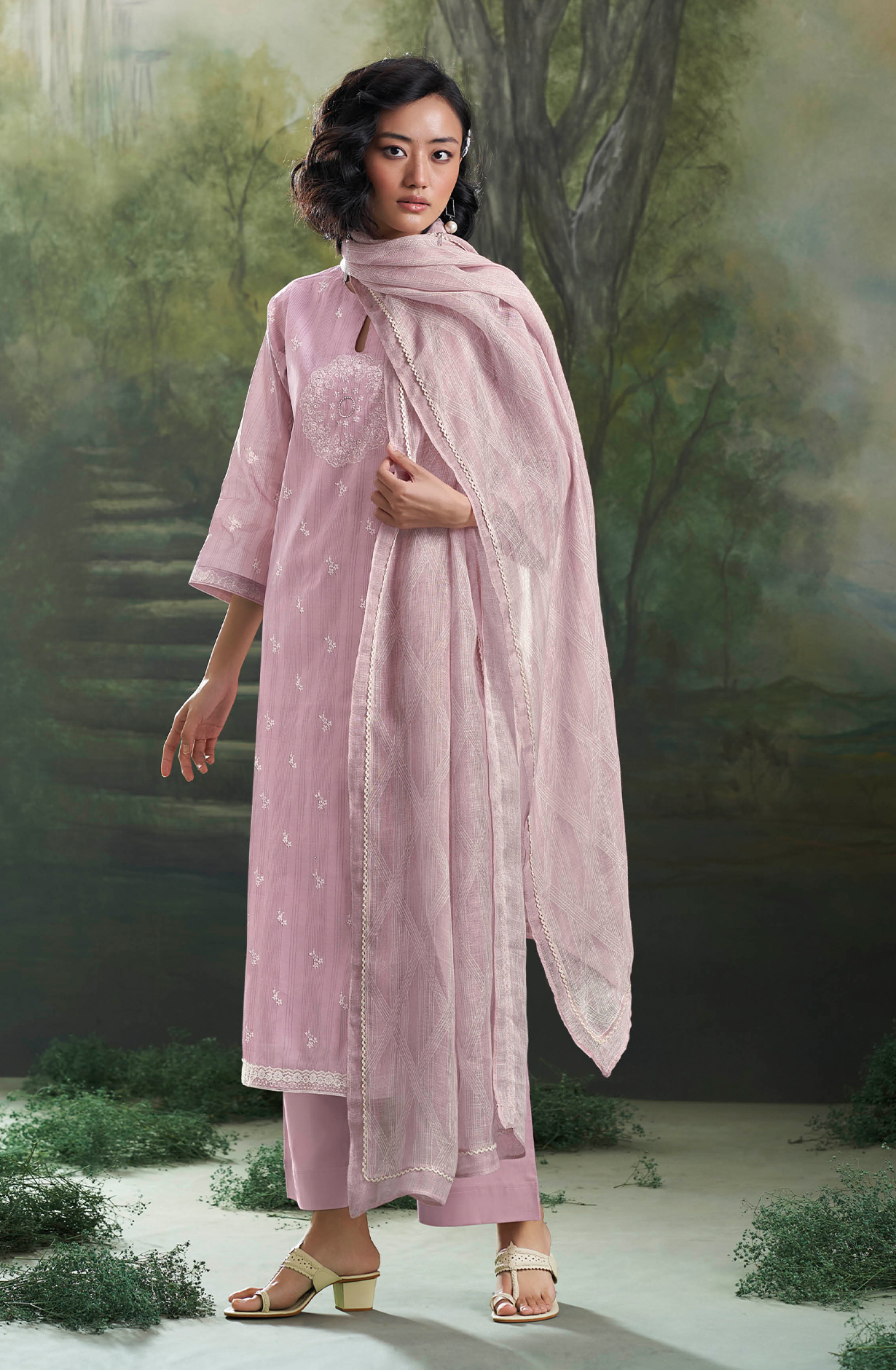 Mauve Cotton Printed Salwar Kameez with Lacework Dupatta - ZAVC1856