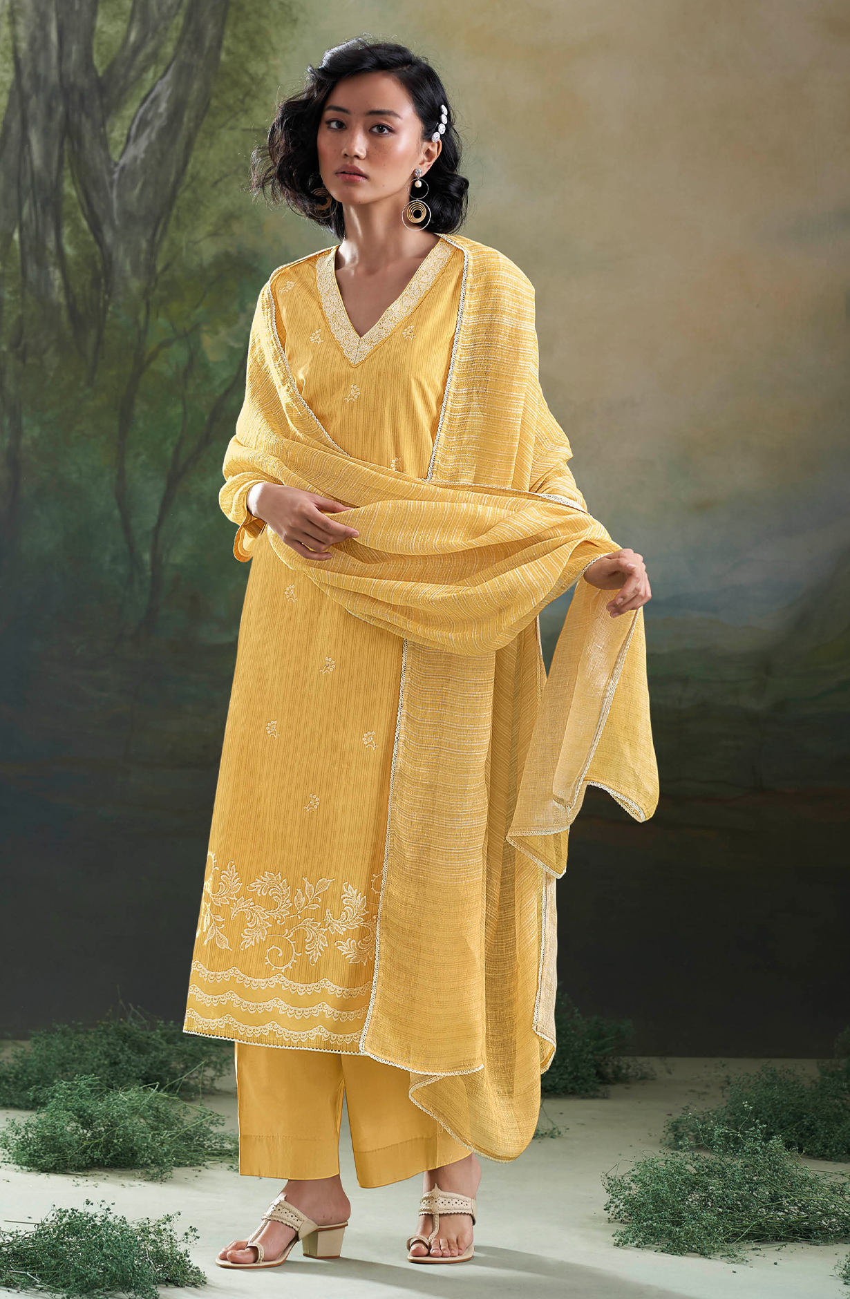 Mustard Yellow Cotton Printed Salwar Kameez with Lacework Dupatta - ZAVC1857