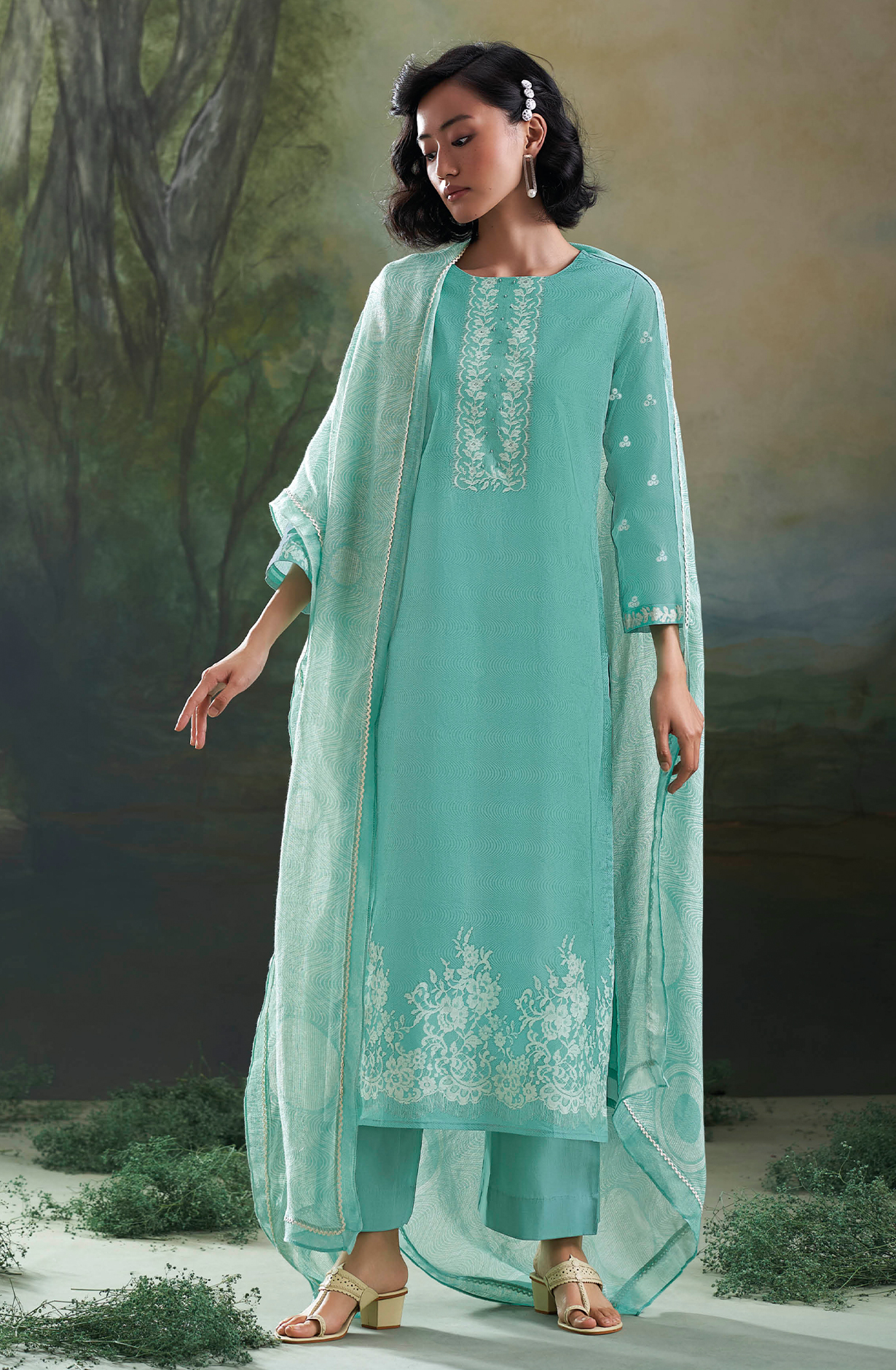 Sea Green Cotton Printed Salwar Kameez with Lacework Dupatta - ZAVC1859