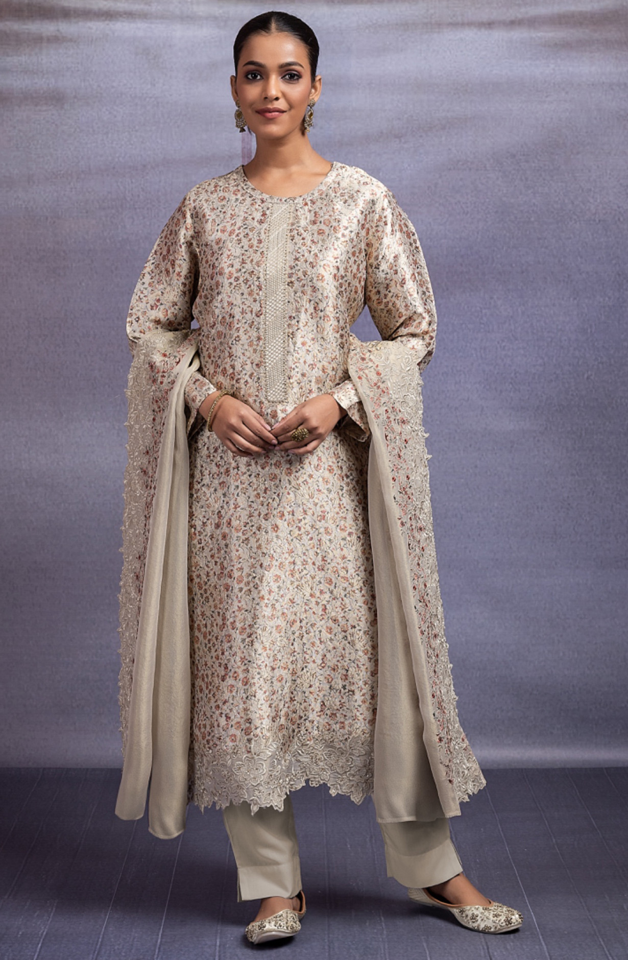 Silk Jacquard Suit Set with Embroidery and Handwork - ZEH2346A
