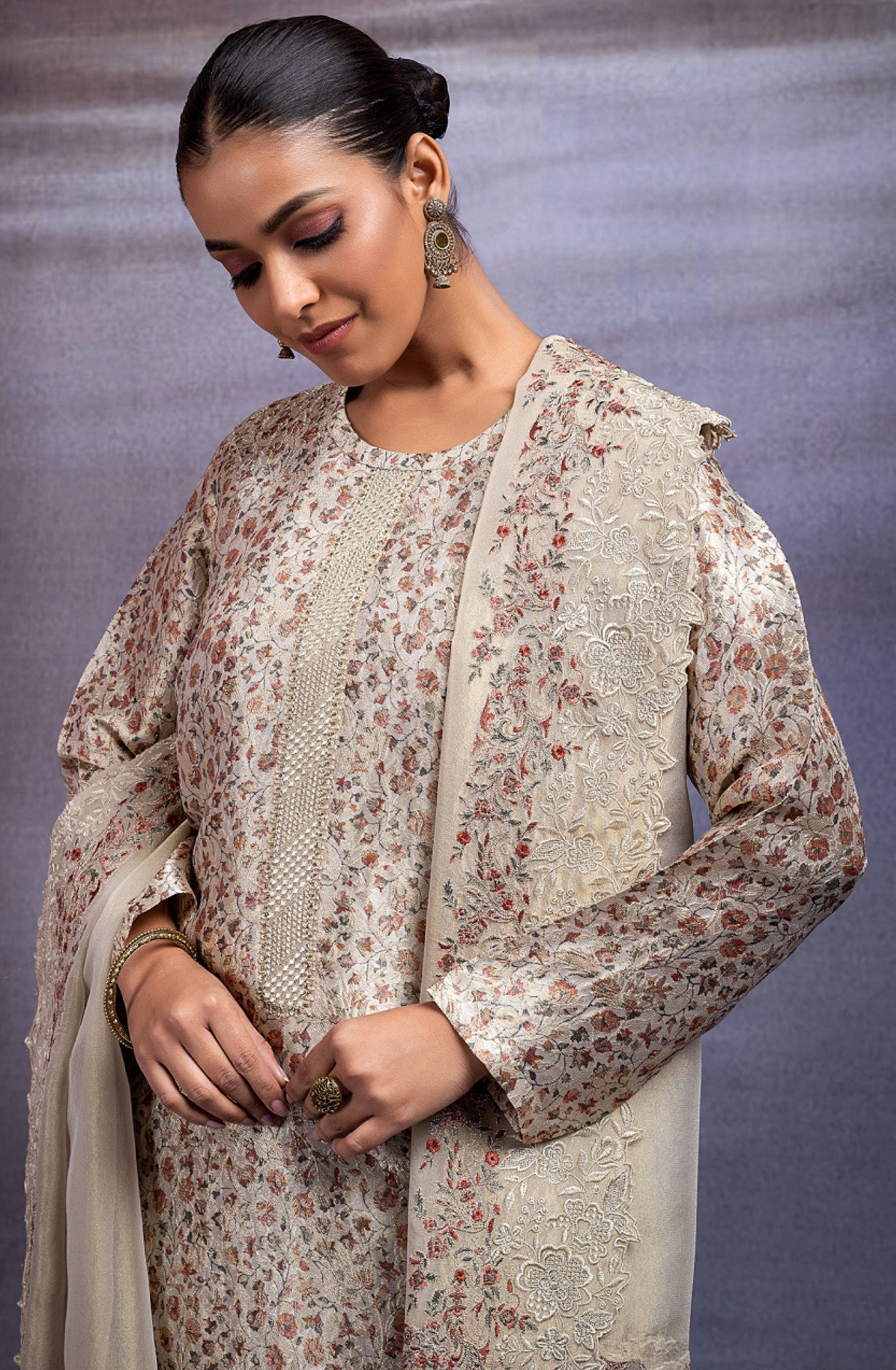 Silk Jacquard Suit Set with Embroidery and Handwork - ZEH2346A
