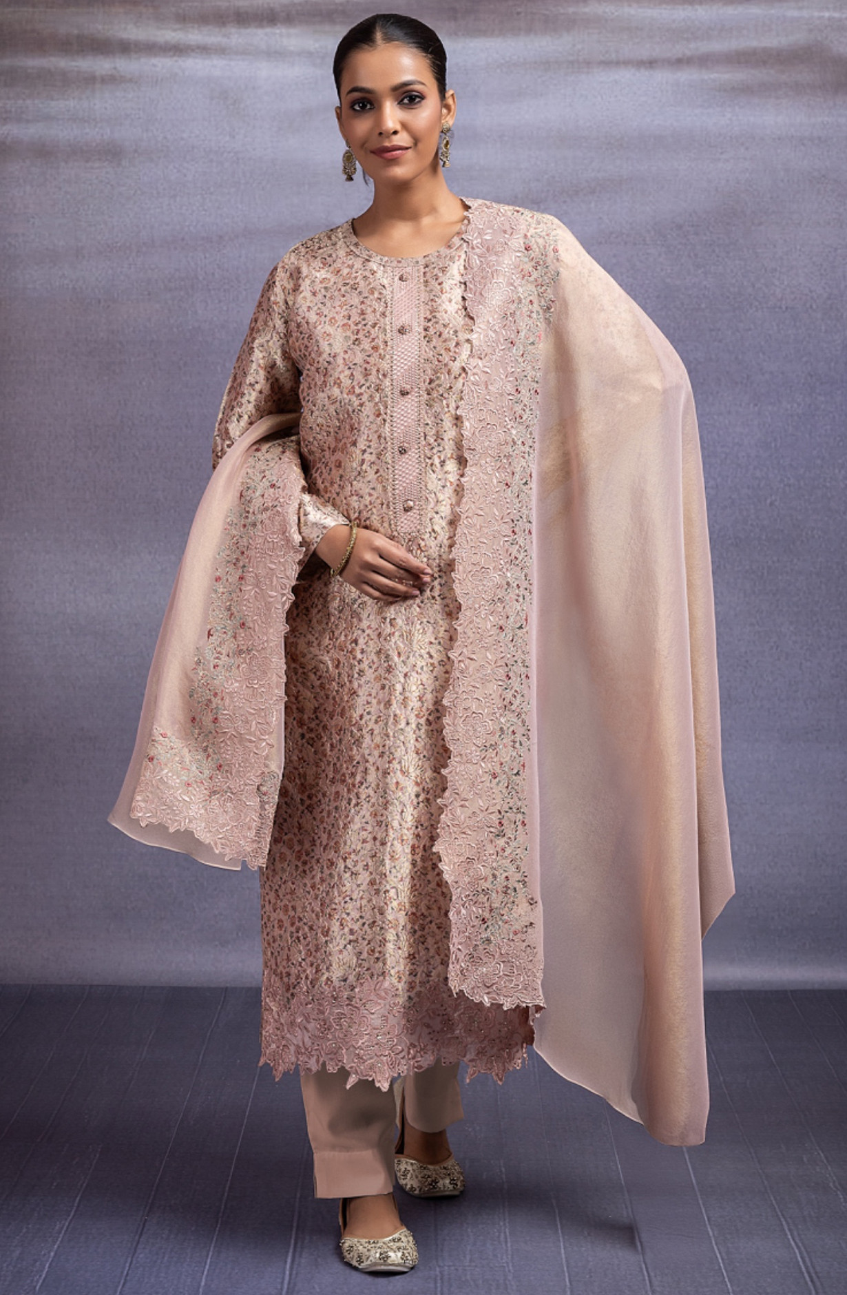 Silk Jacquard Suit Set with Embroidery and Handwork - ZEH2346B