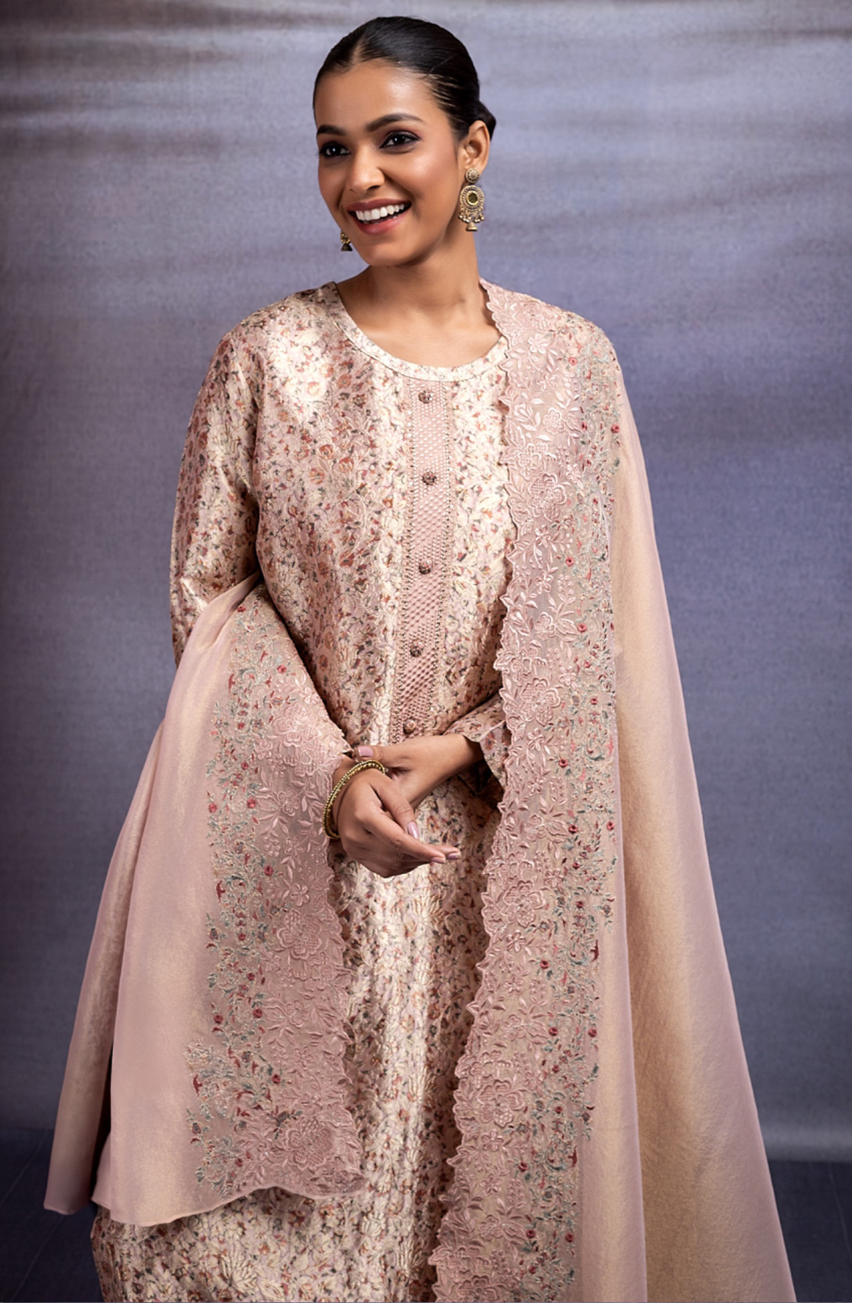 Silk Jacquard Suit Set with Embroidery and Handwork - ZEH2346B