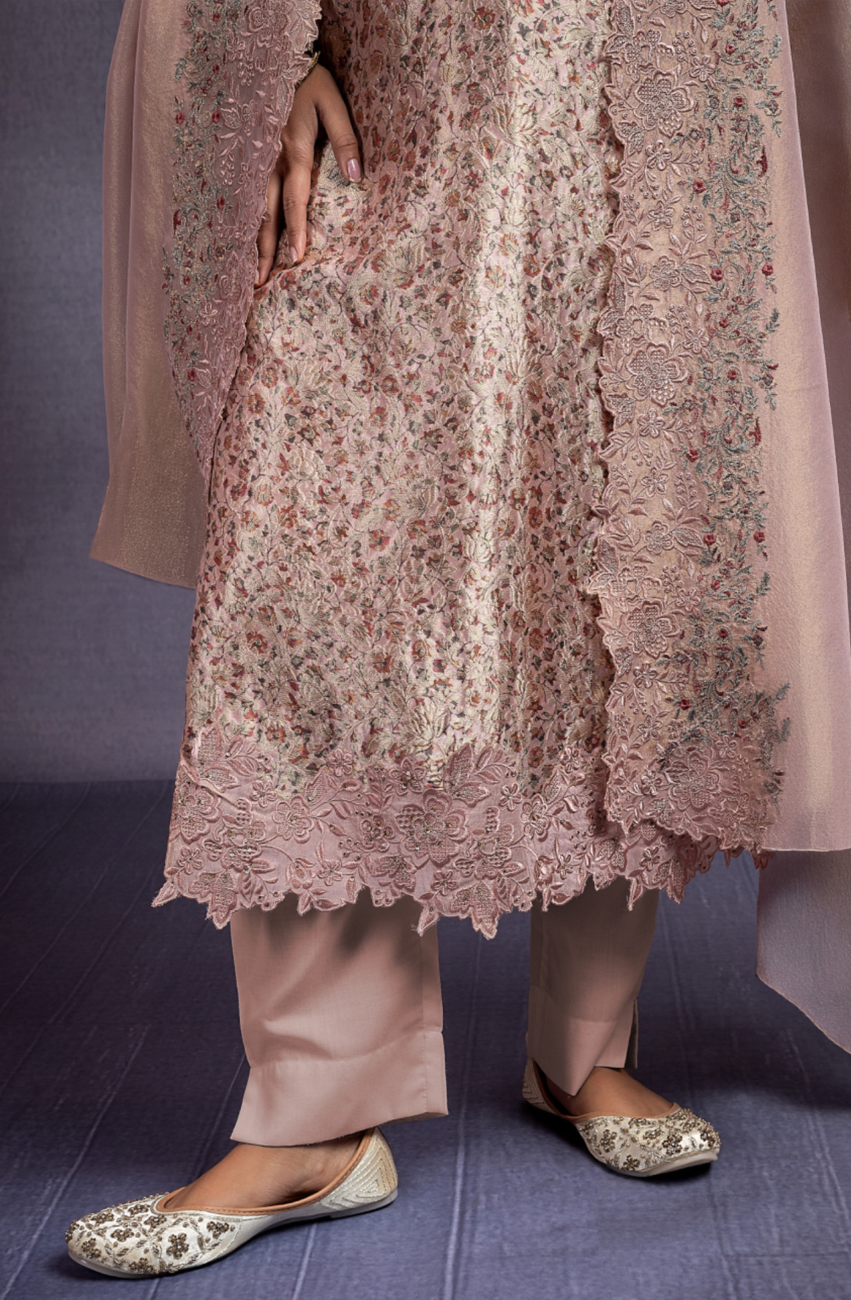 Silk Jacquard Suit Set with Embroidery and Handwork - ZEH2346B