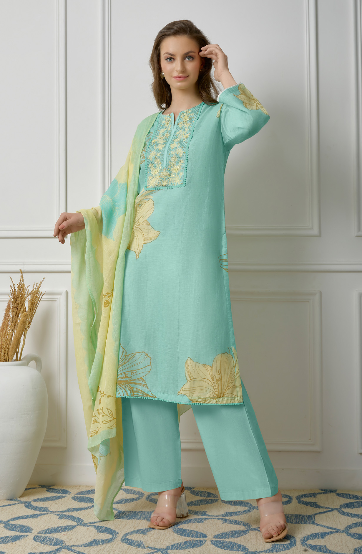 Turquoise Linen Beautiful Digital Printed Salwar Kameez - ZEH925