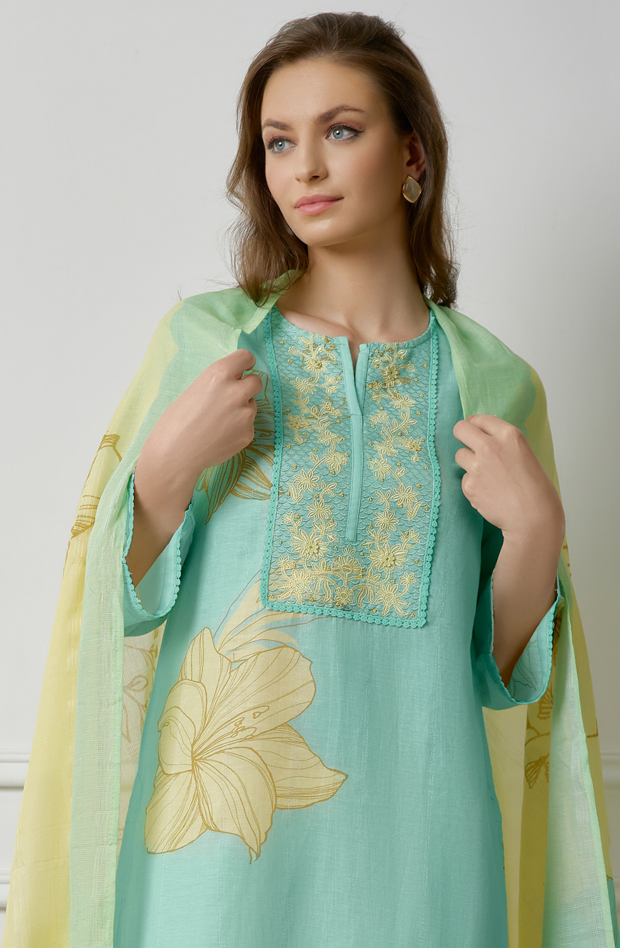 Turquoise Linen Beautiful Digital Printed Salwar Kameez - ZEH925