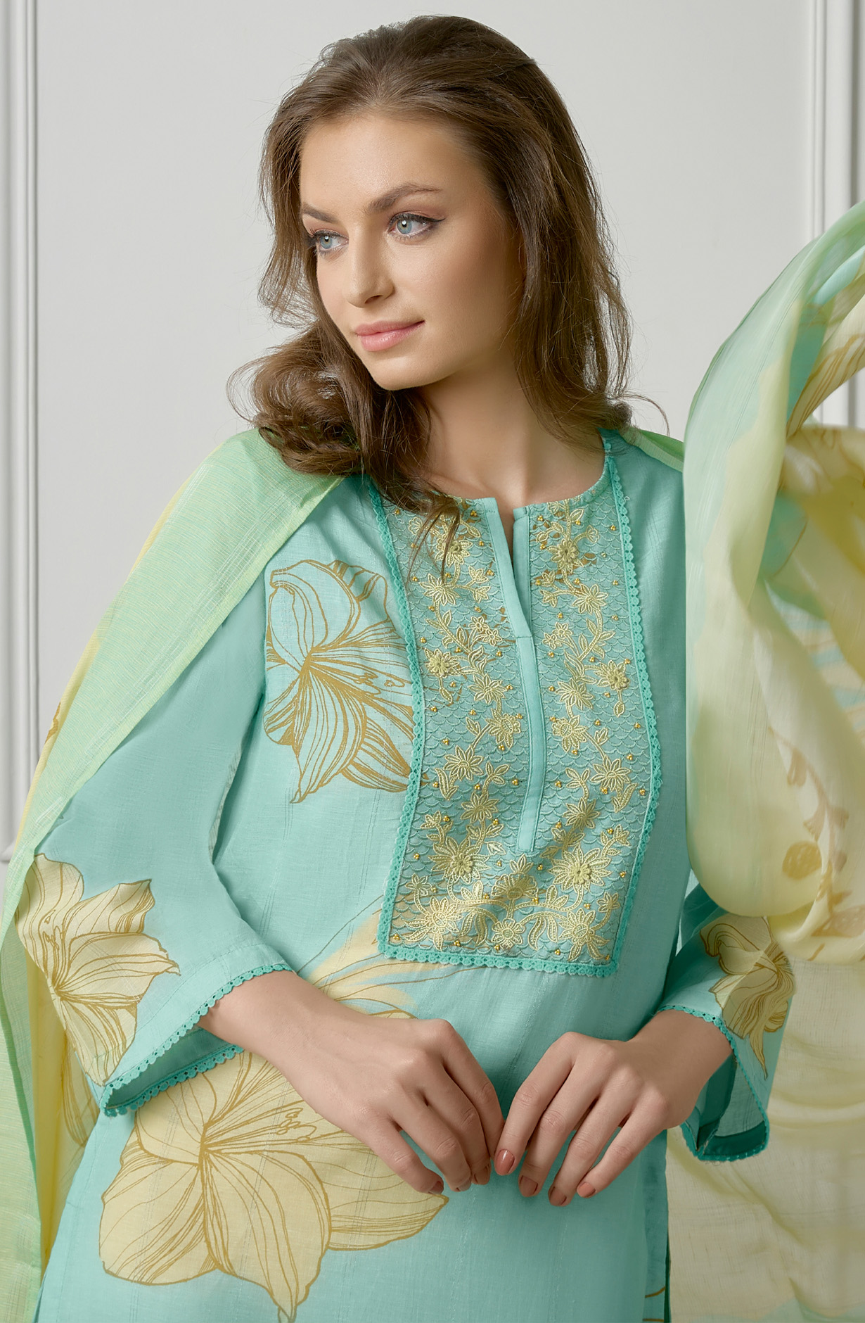 Turquoise Linen Beautiful Digital Printed Salwar Kameez - ZEH925
