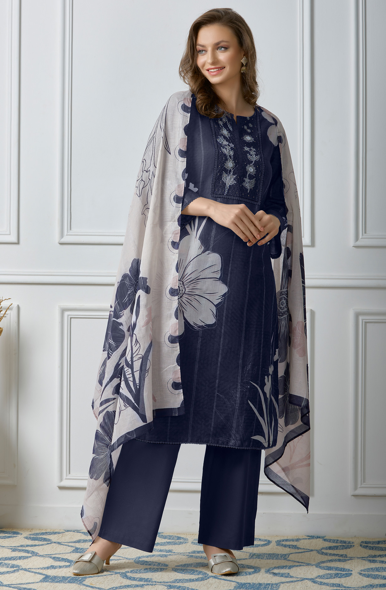 Blue Linen Beautiful Digital Printed Salwar Kameez - ZEH950