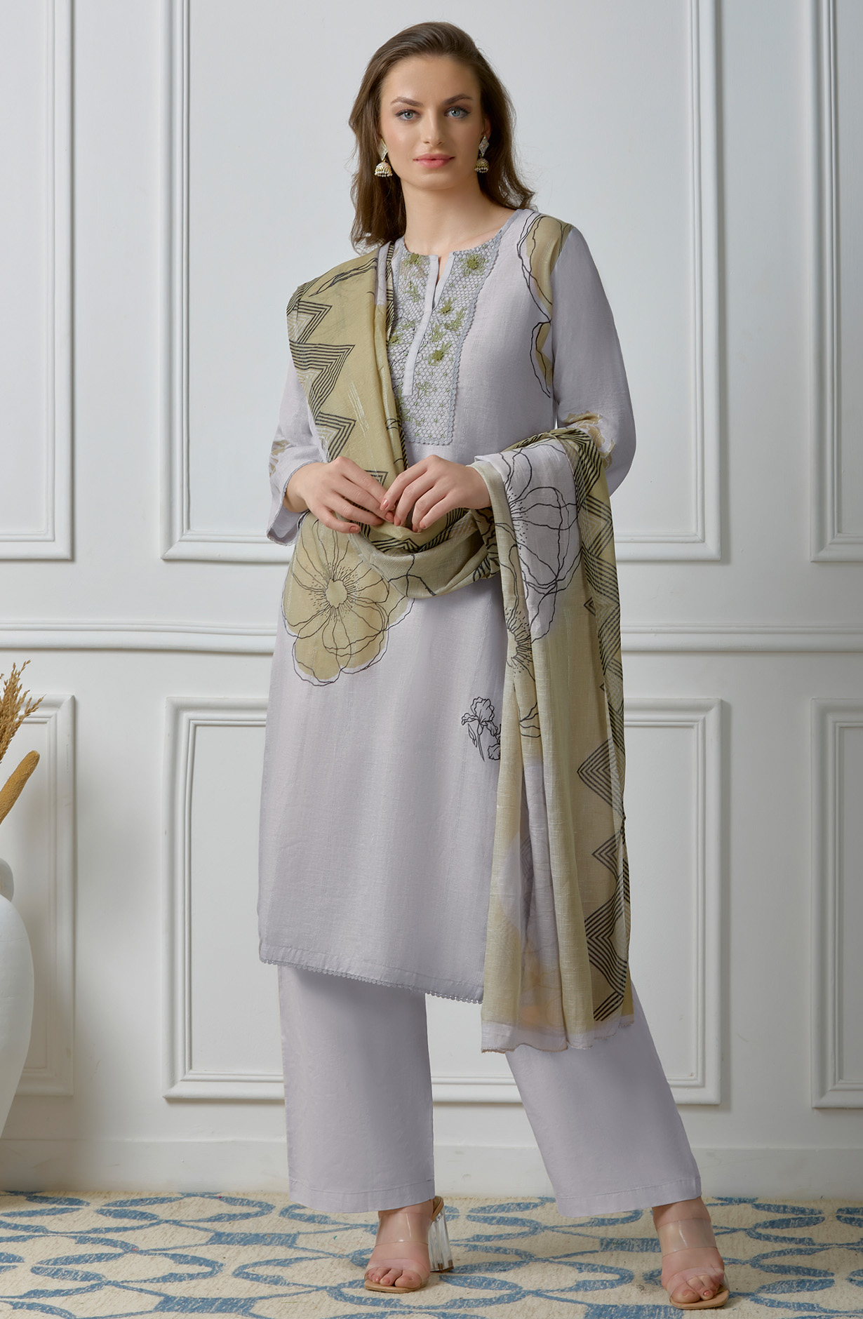 Grey Linen Beautiful Digital Printed Salwar Kameez - ZEH975