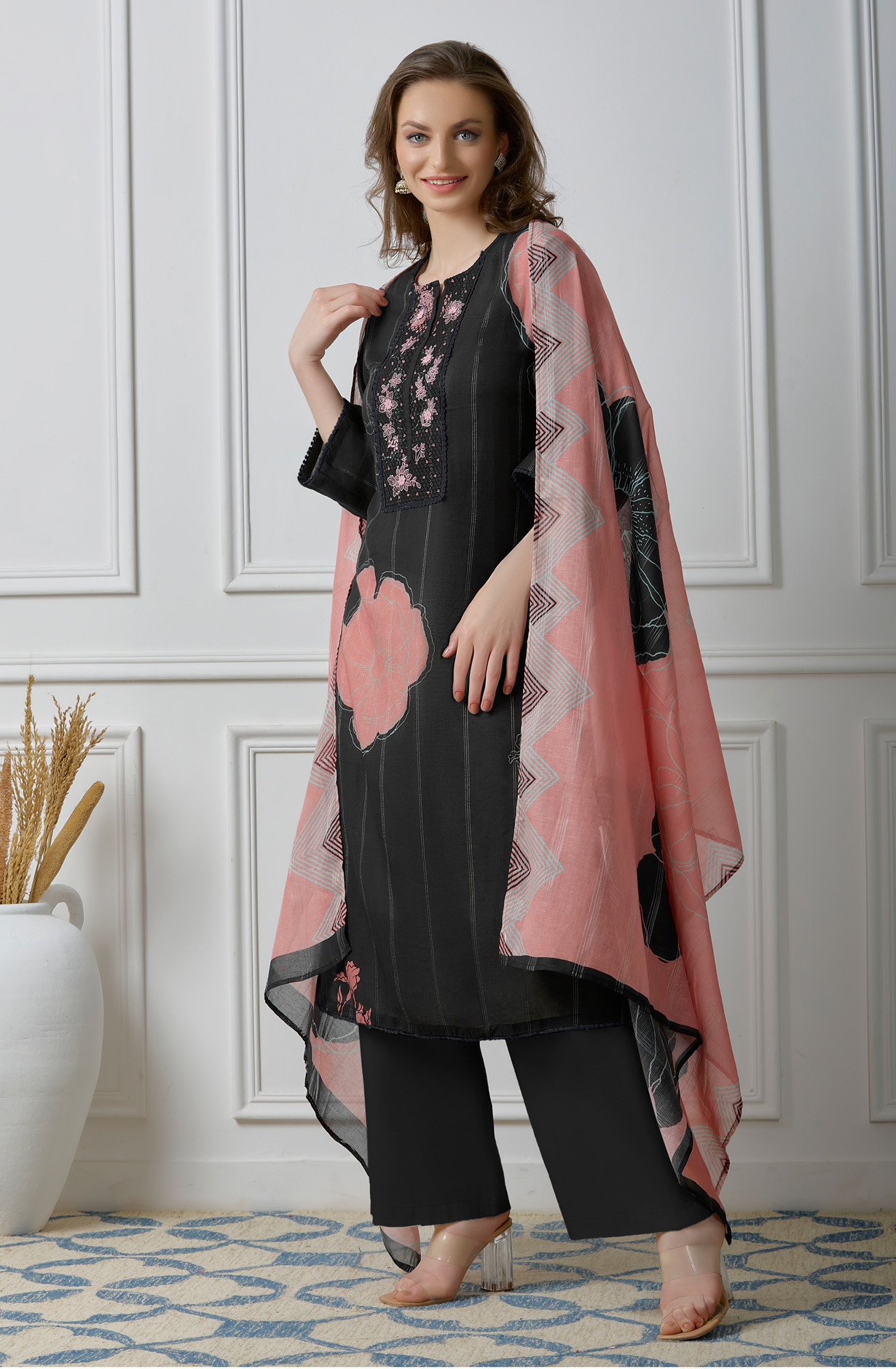 Black Linen Beautiful Digital Printed Salwar Kameez - ZEH995