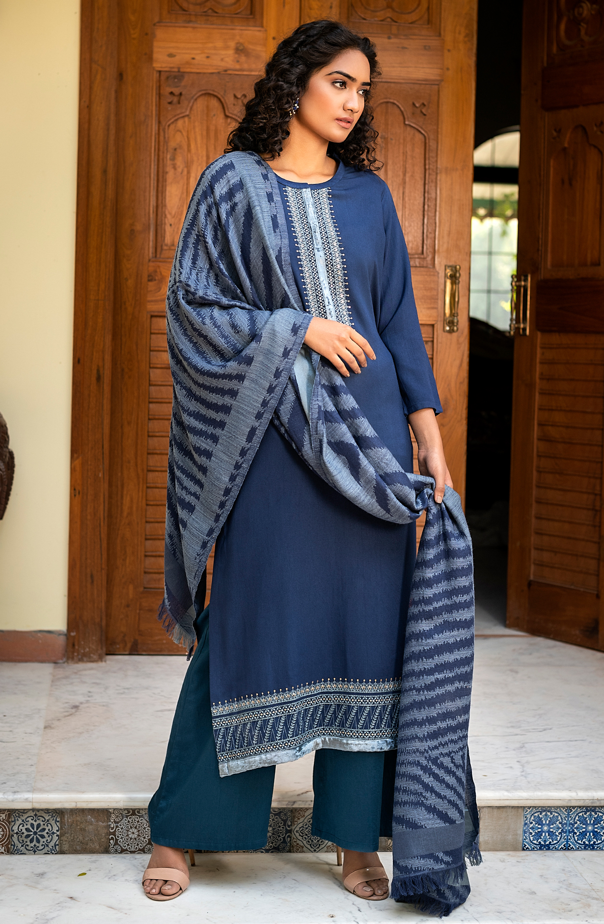 Blue Pure Pashmina Unstitched Salwar Suit with Dupatta - ZEM1519