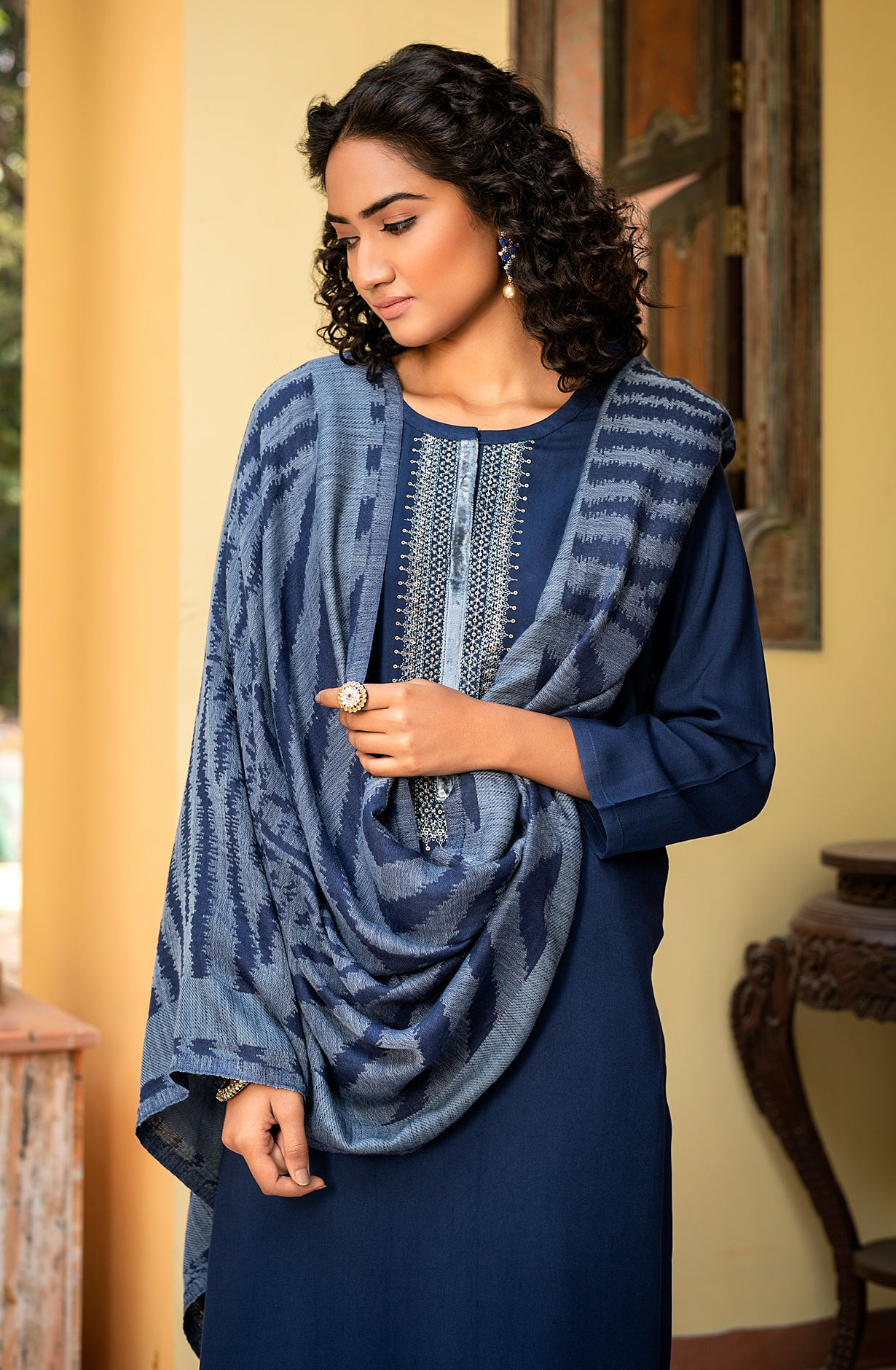 Blue Pure Pashmina Unstitched Salwar Suit with Dupatta - ZEM1519