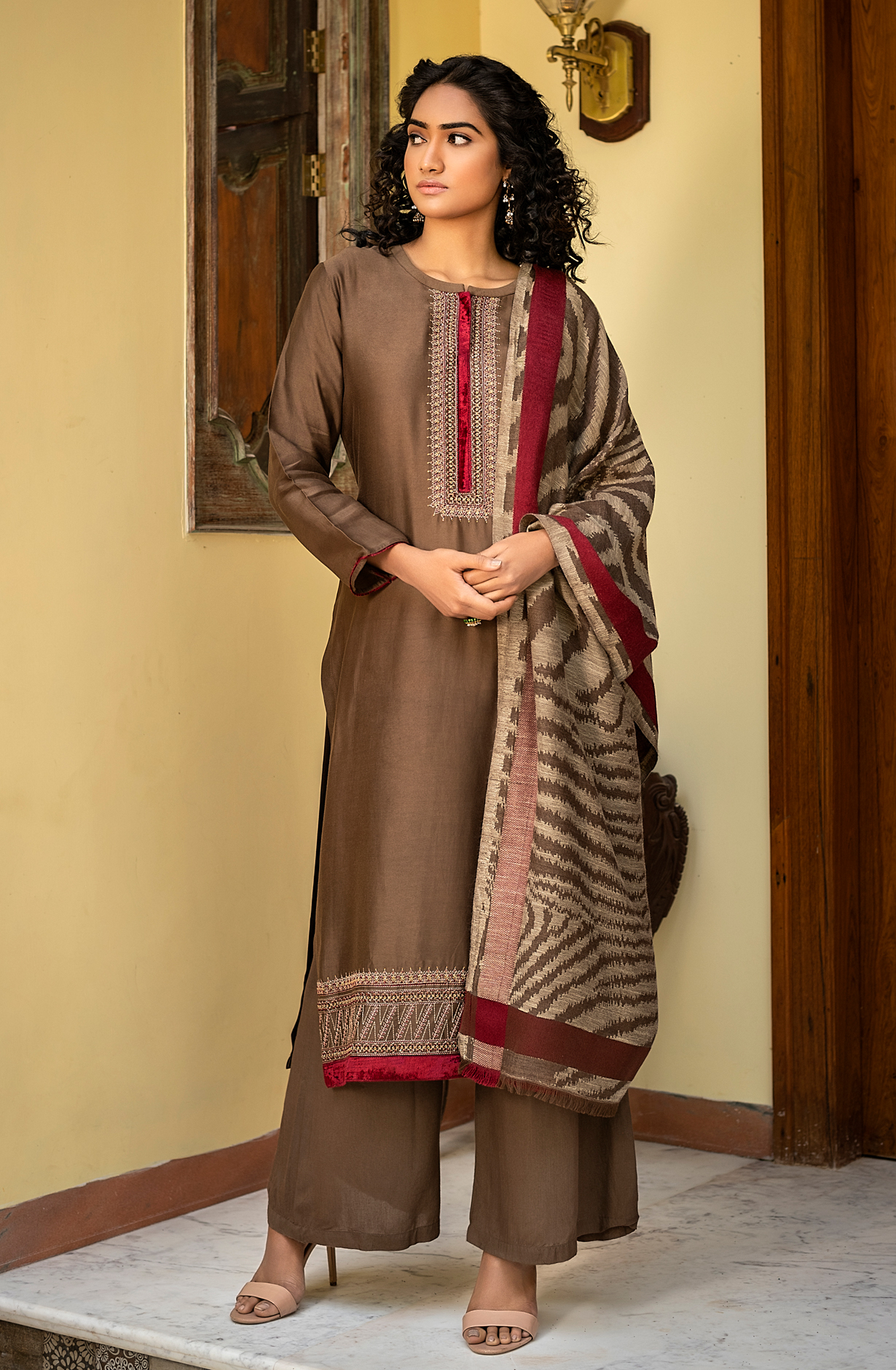 Chocolate Brown Pure Pashmina Unstitched Salwar Suit with Dupatta - ZEM1520