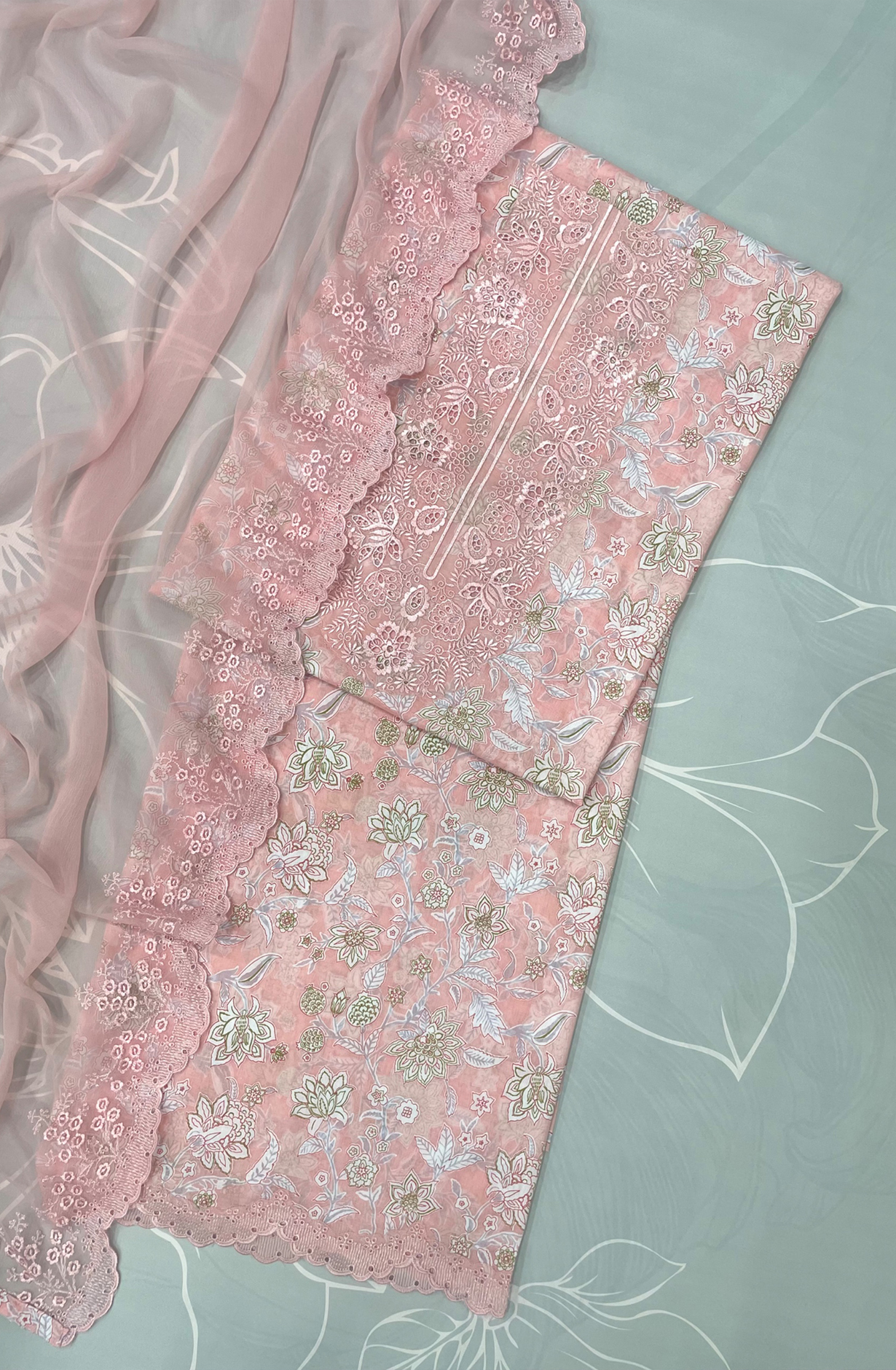 Cotton Suit set with Embroidery and Chiffon Dupatta - ZEP1801A