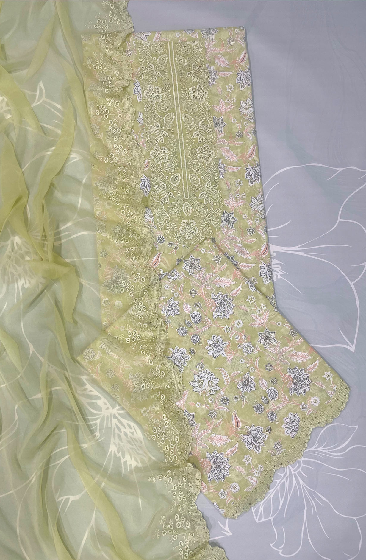 Cotton Suit set with Embroidery and Chiffon Dupatta - ZEP1801B