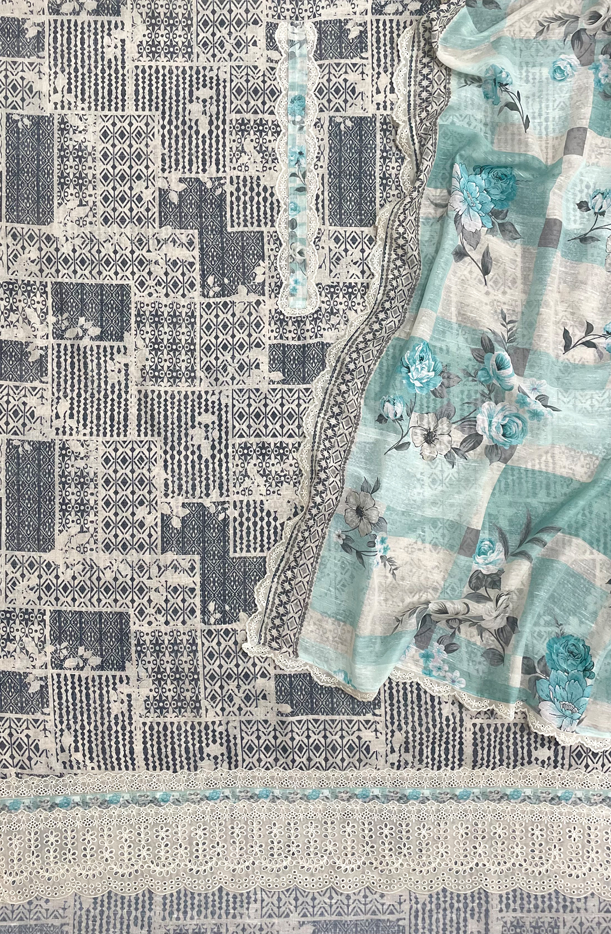 Black and Off-white Linen Digital Printed Unstitched Suit Dupatta - ZIM2152B