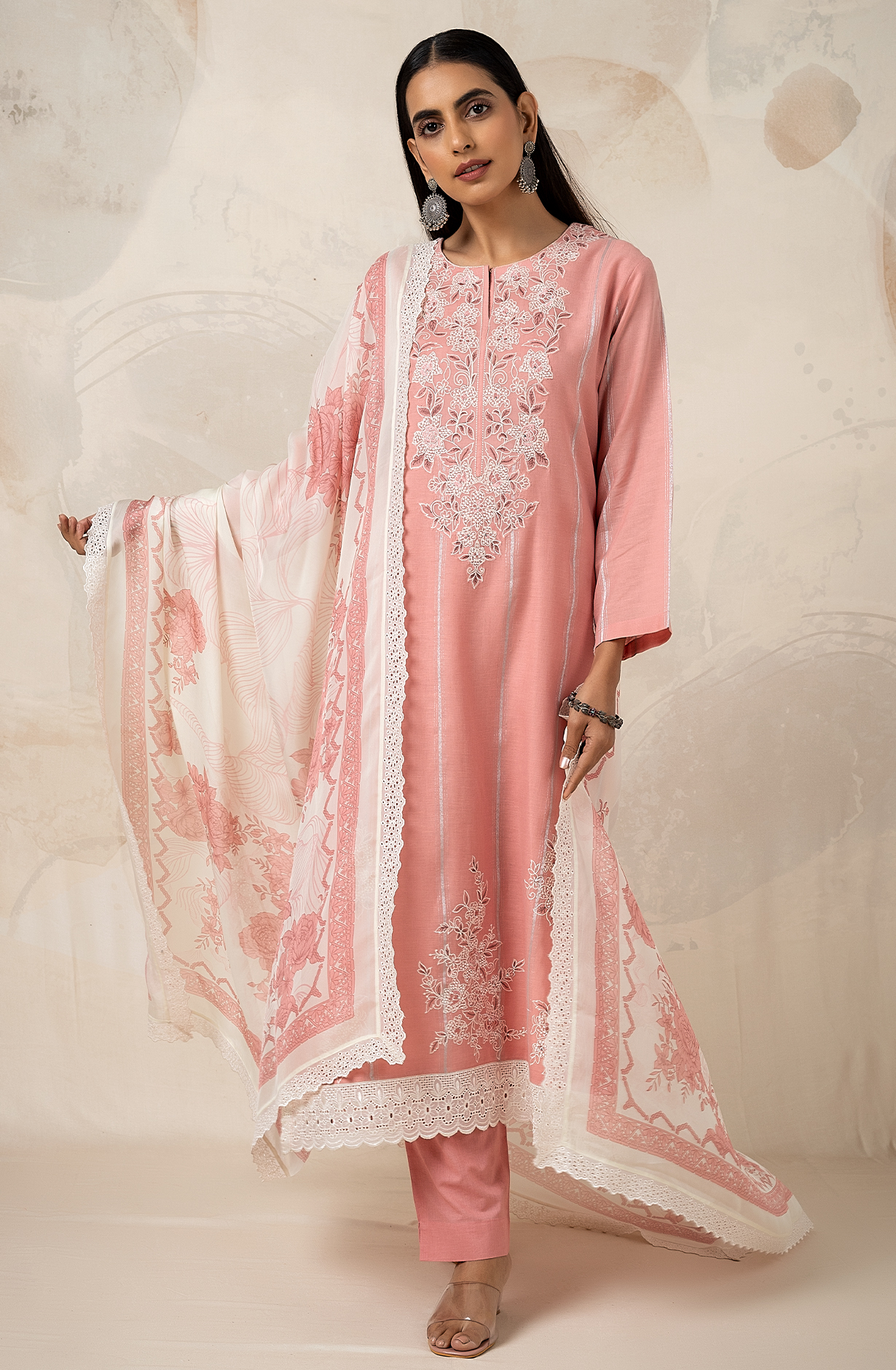 Pink Linen Embroidered Salwar Suit with Organza Dupatta - ZOF2174