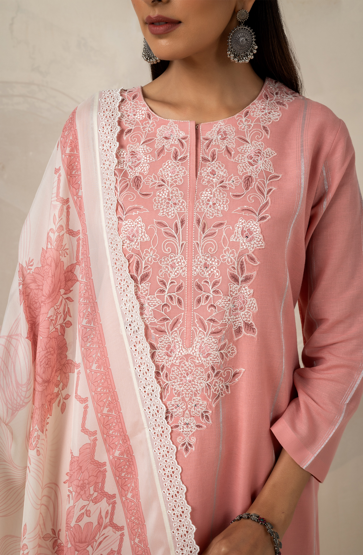 Pink Linen Embroidered Salwar Suit with Organza Dupatta - ZOF2174