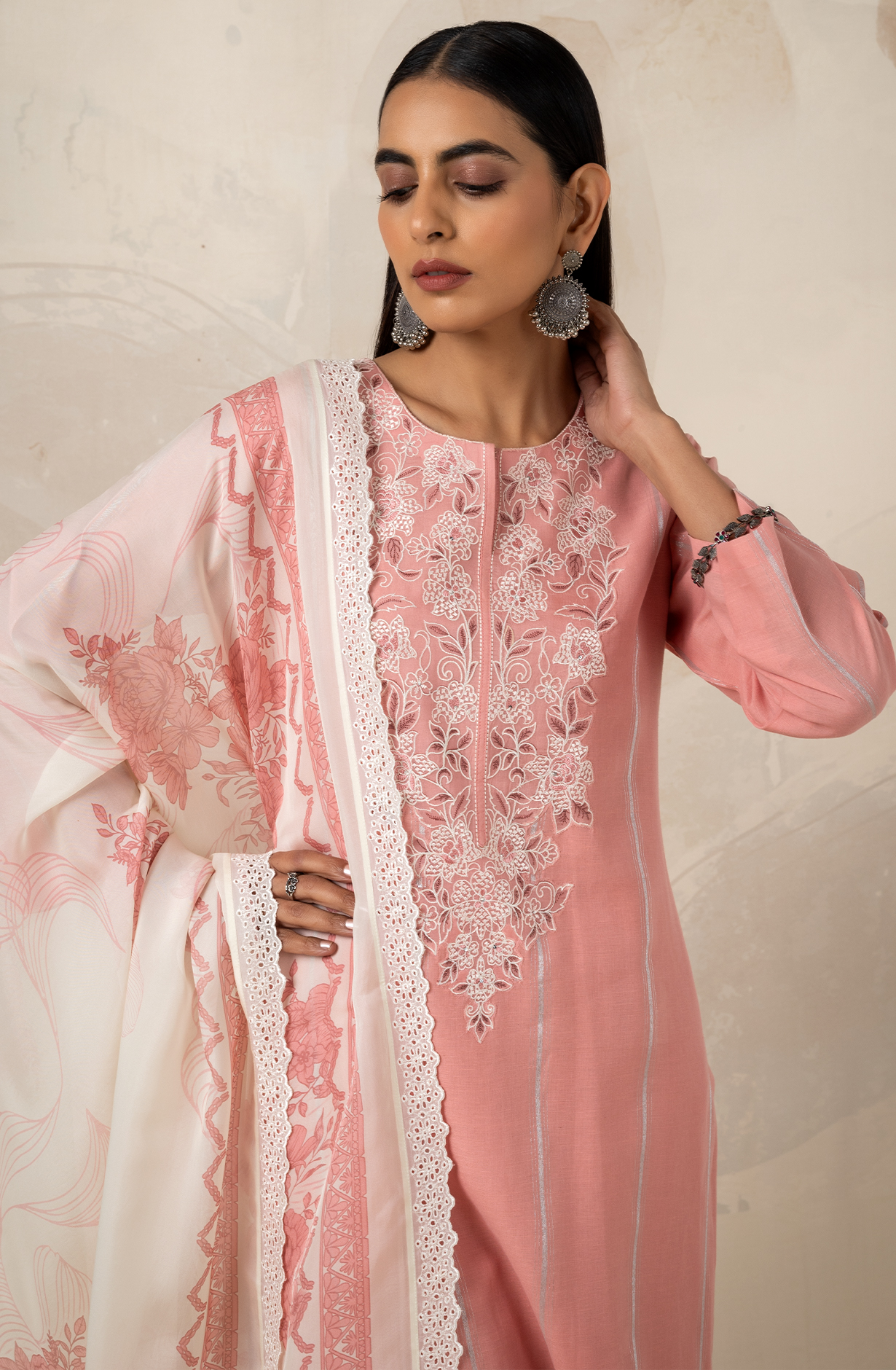 Pink Linen Embroidered Salwar Suit with Organza Dupatta - ZOF2174