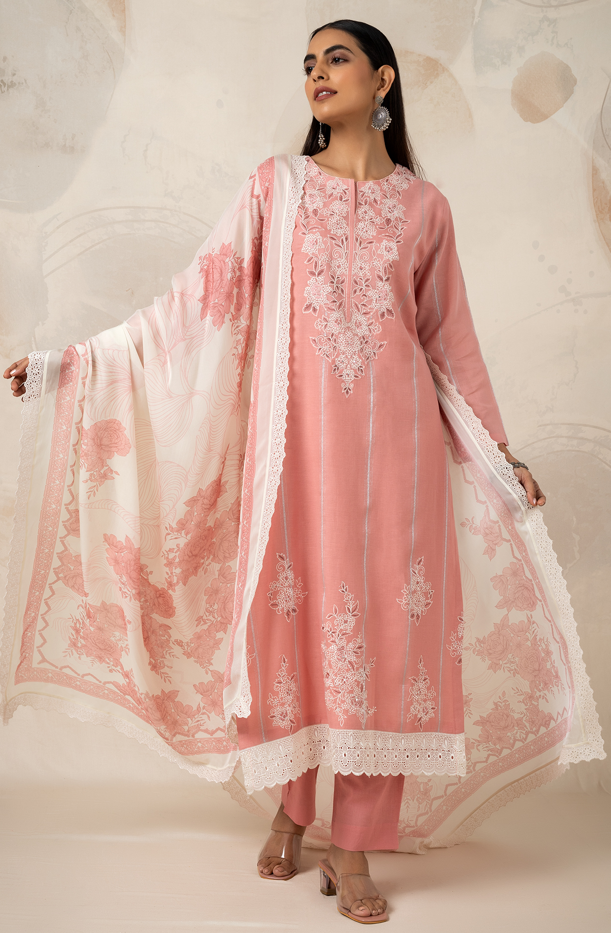 Pink Linen Embroidered Salwar Suit with Organza Dupatta - ZOF2174