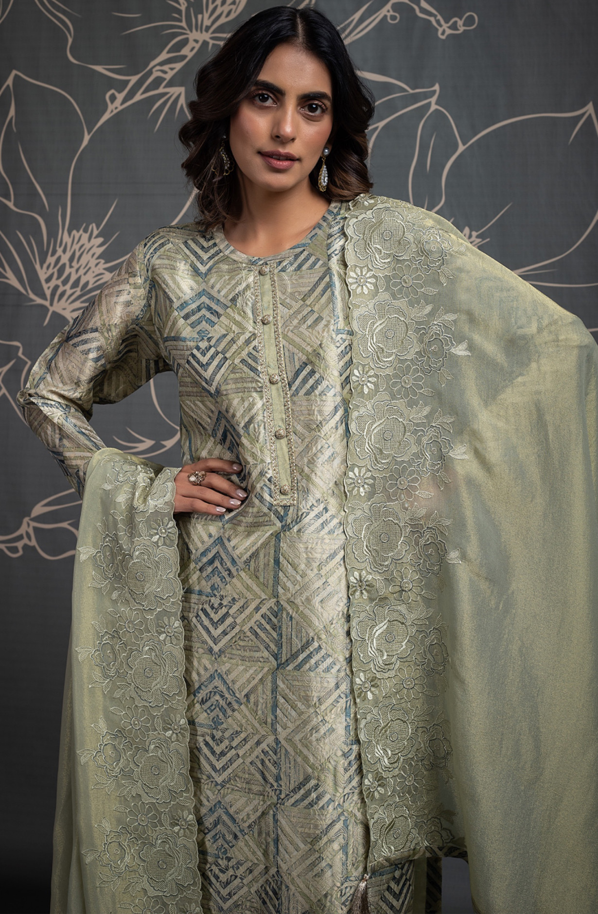 Pure Silk Jacquard Suit Set with Organza Tissue Dupatta - ZOY2399A