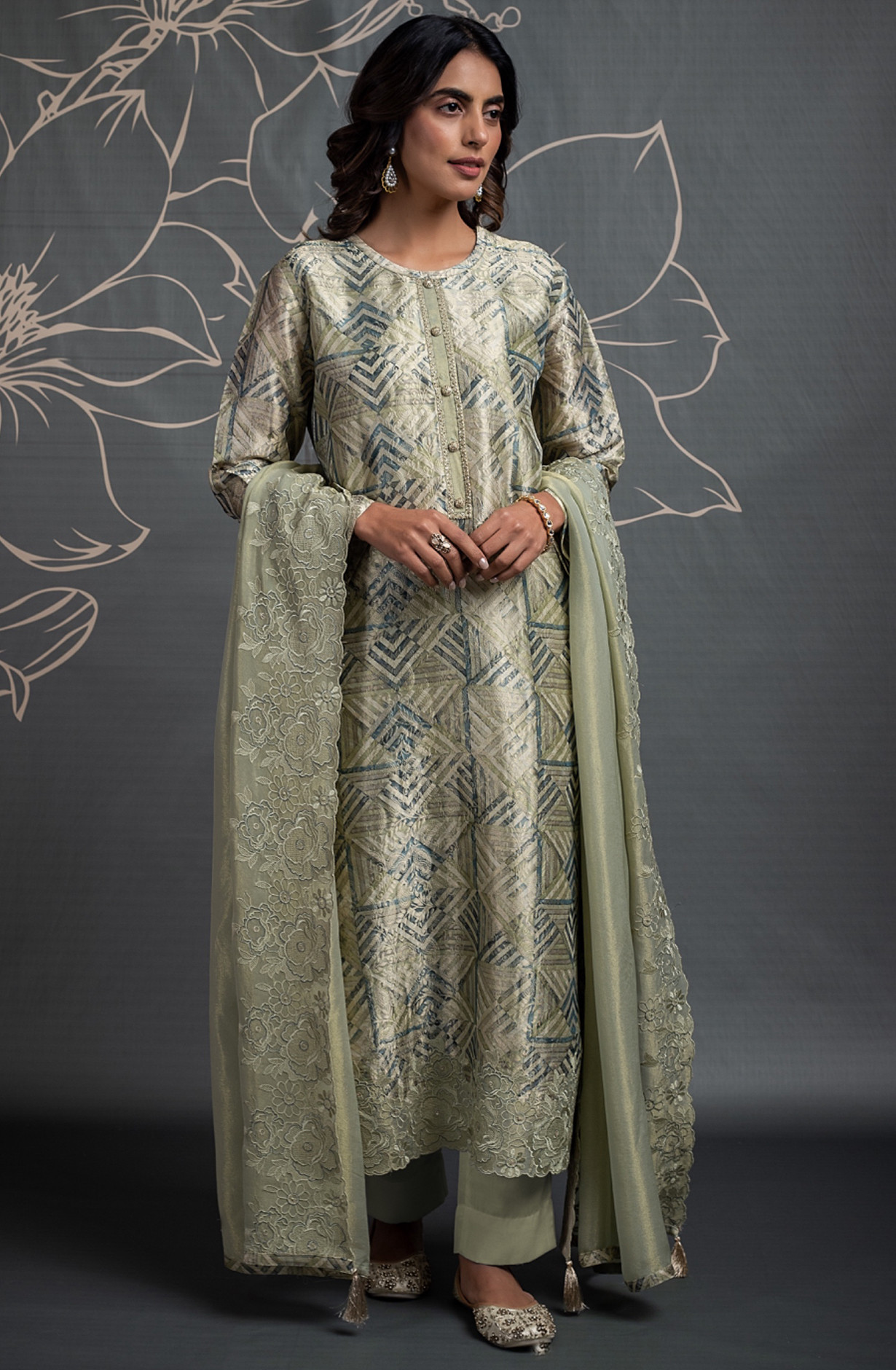 Pure Silk Jacquard Suit Set with Organza Tissue Dupatta - ZOY2399A
