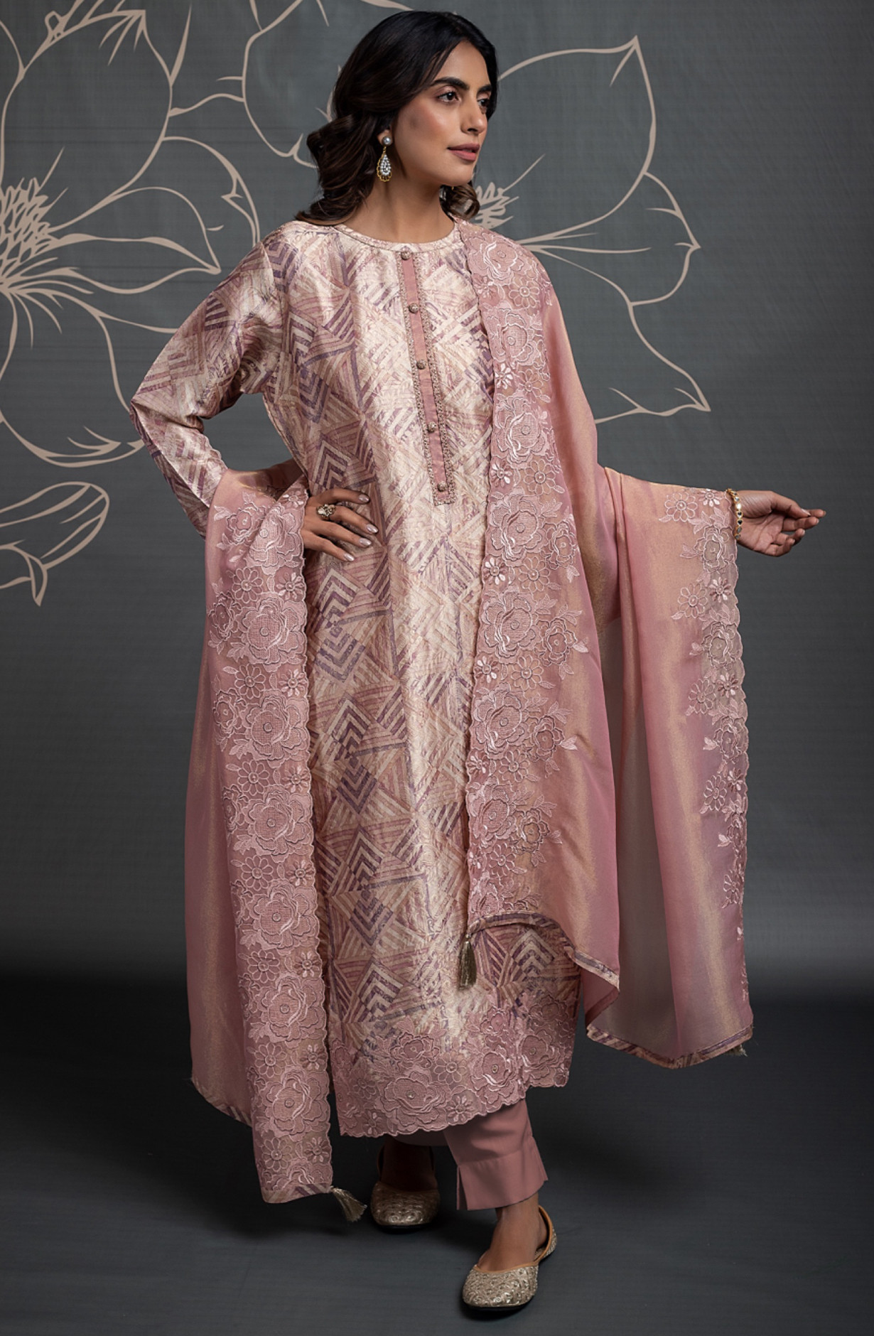 Pure Silk Jacquard Suit Set with Organza Tissue Dupatta - ZOY2399B
