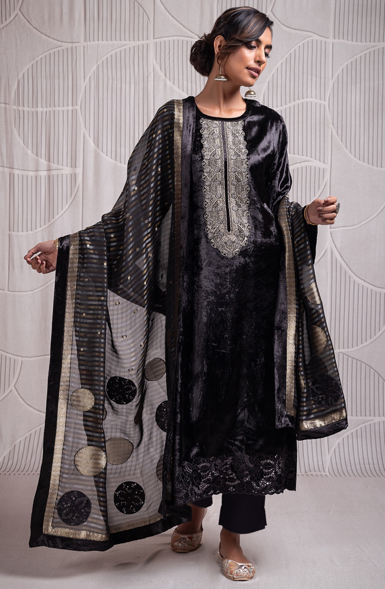Black Velvet Embroidered and Handwork Suit-Set with Silk Jacquard Patchwork Dupatta - ZUR2327A