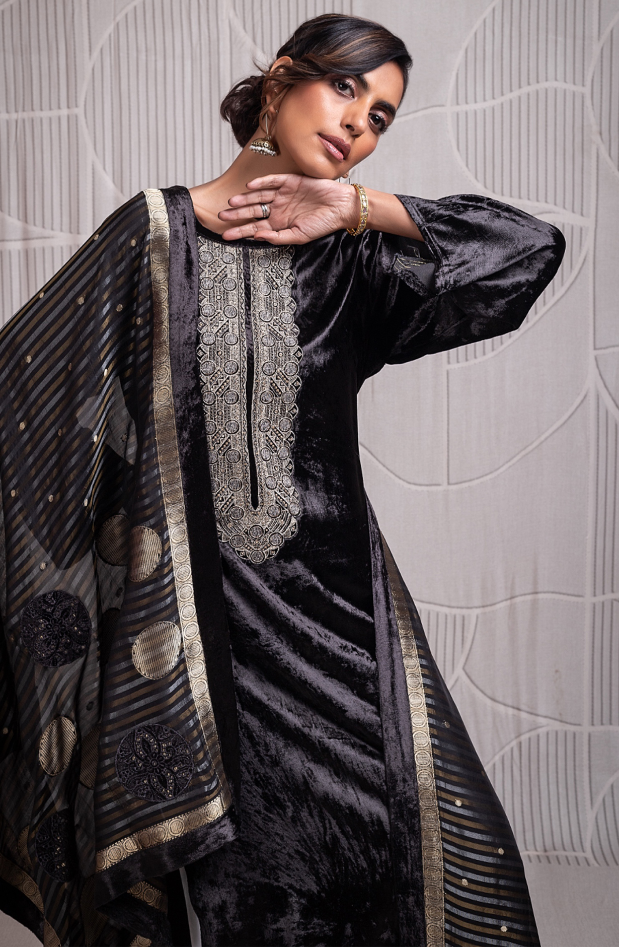 Black Velvet Embroidered and Handwork Suit-Set with Silk Jacquard Patchwork Dupatta - ZUR2327A