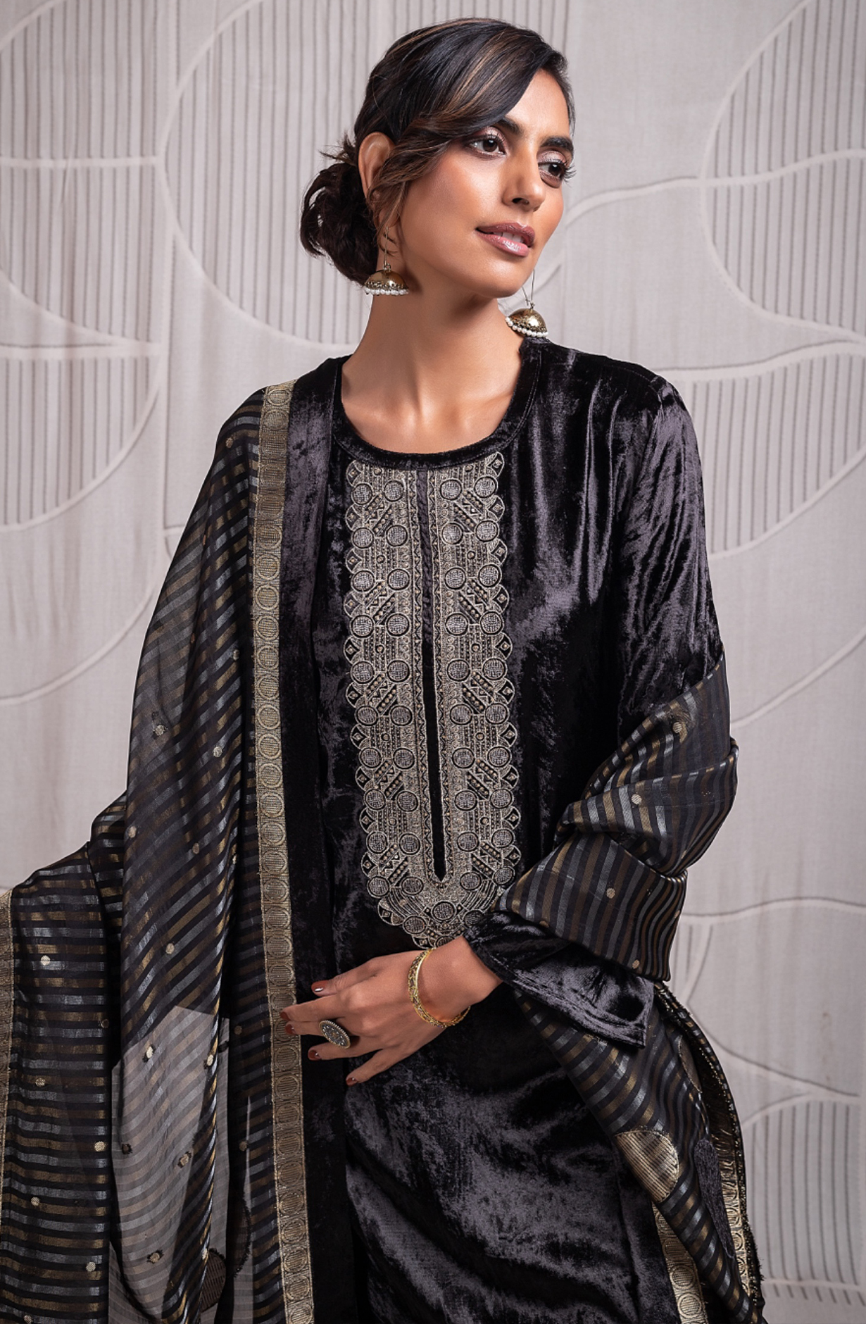 Black Velvet Embroidered and Handwork Suit-Set with Silk Jacquard Patchwork Dupatta - ZUR2327A