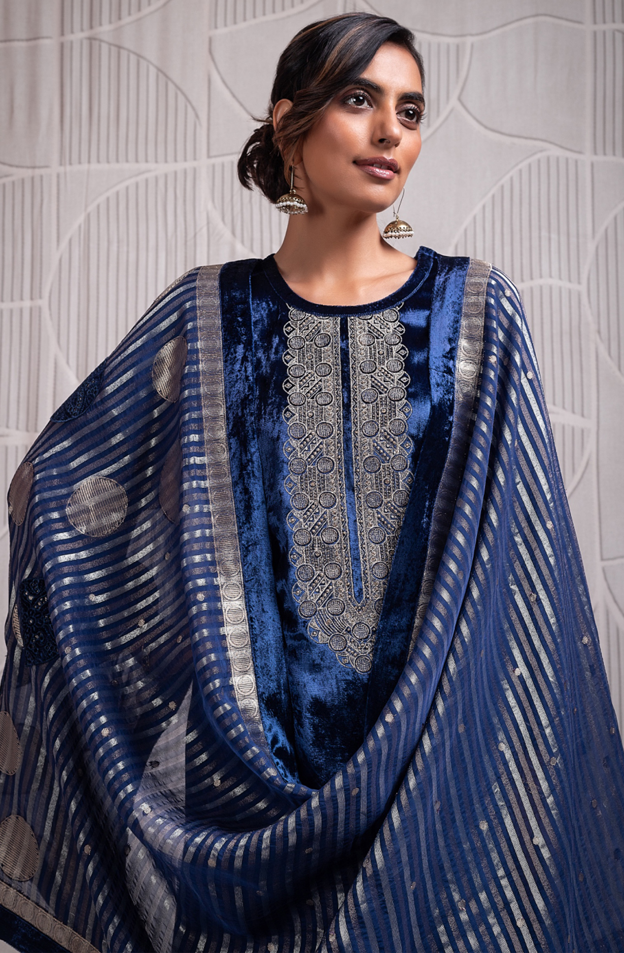 Blue Velvet Embroidered and Handwork Suit-Set with Silk Jacquard Patchwork Dupatta - ZUR2327B